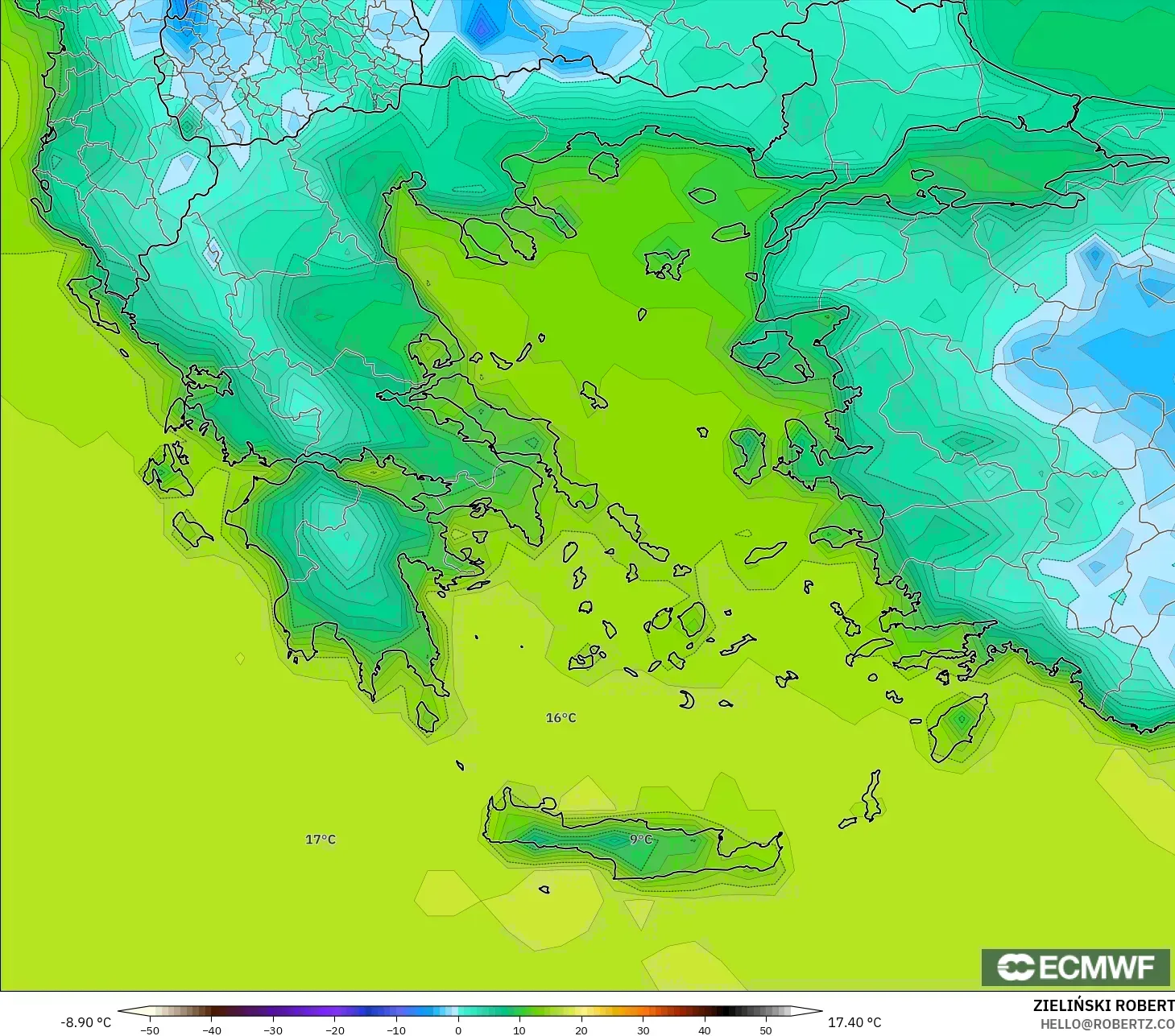 ECMWF IFS 0.25° model - Greece, Temperature at 2m