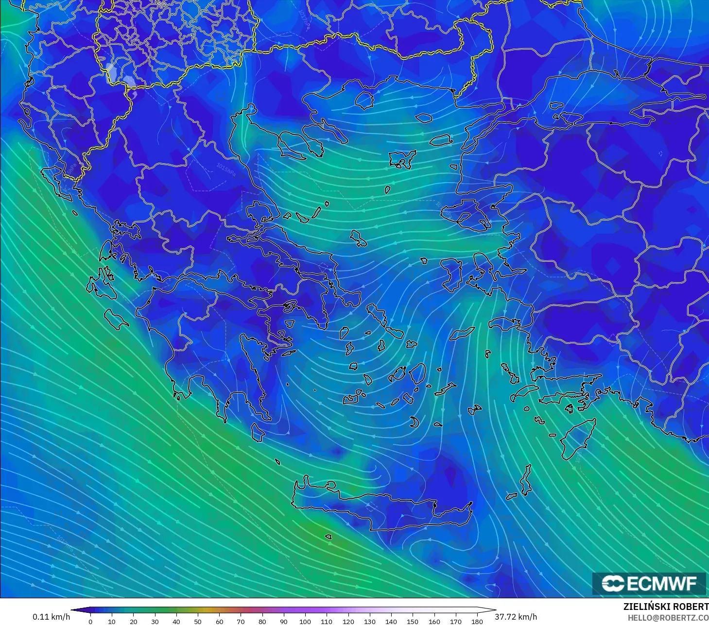 ECMWF IFS 0.25° model - Greece, Wind at 10m