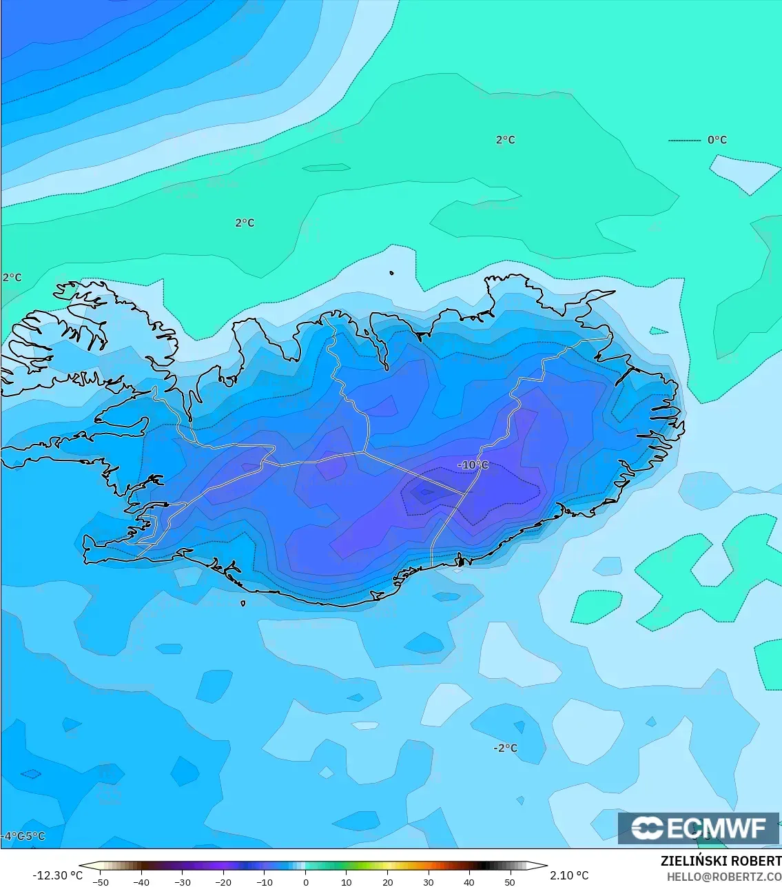 ECMWF IFS 0.25° model - Iceland, Dewpoint at 2m