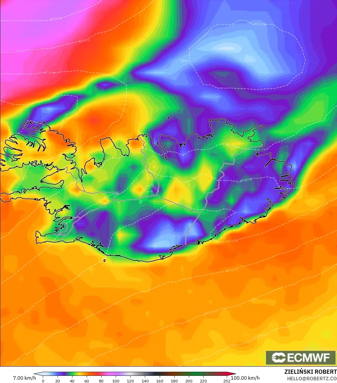 ECMWF IFS 0.25° model - Iceland, Wind Gusts