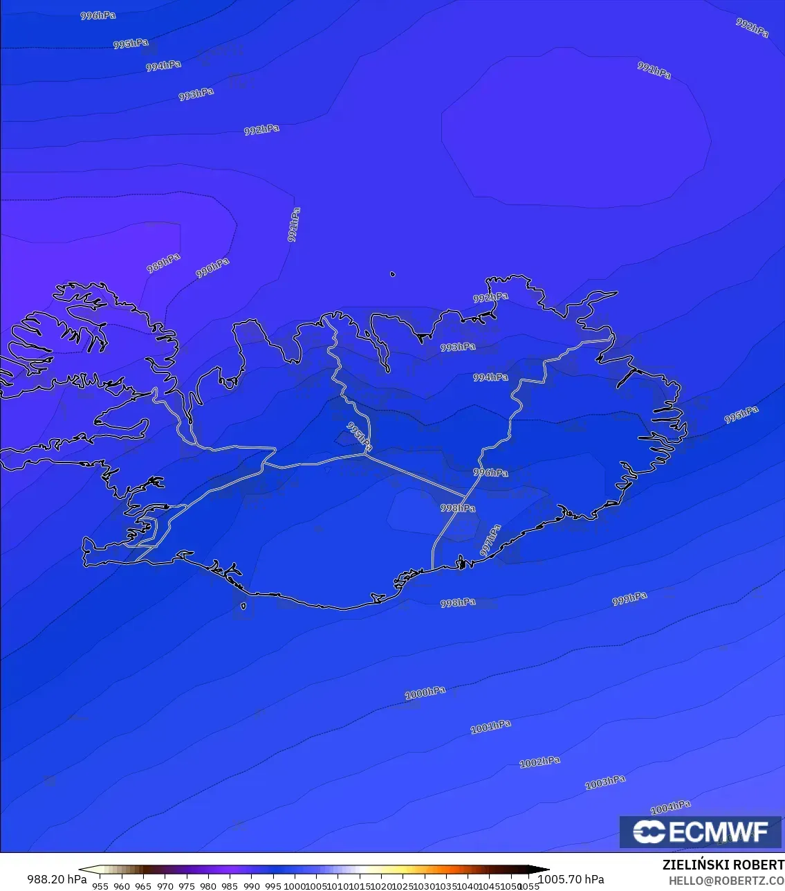 ECMWF IFS 0.25° model - Iceland, Pressure
