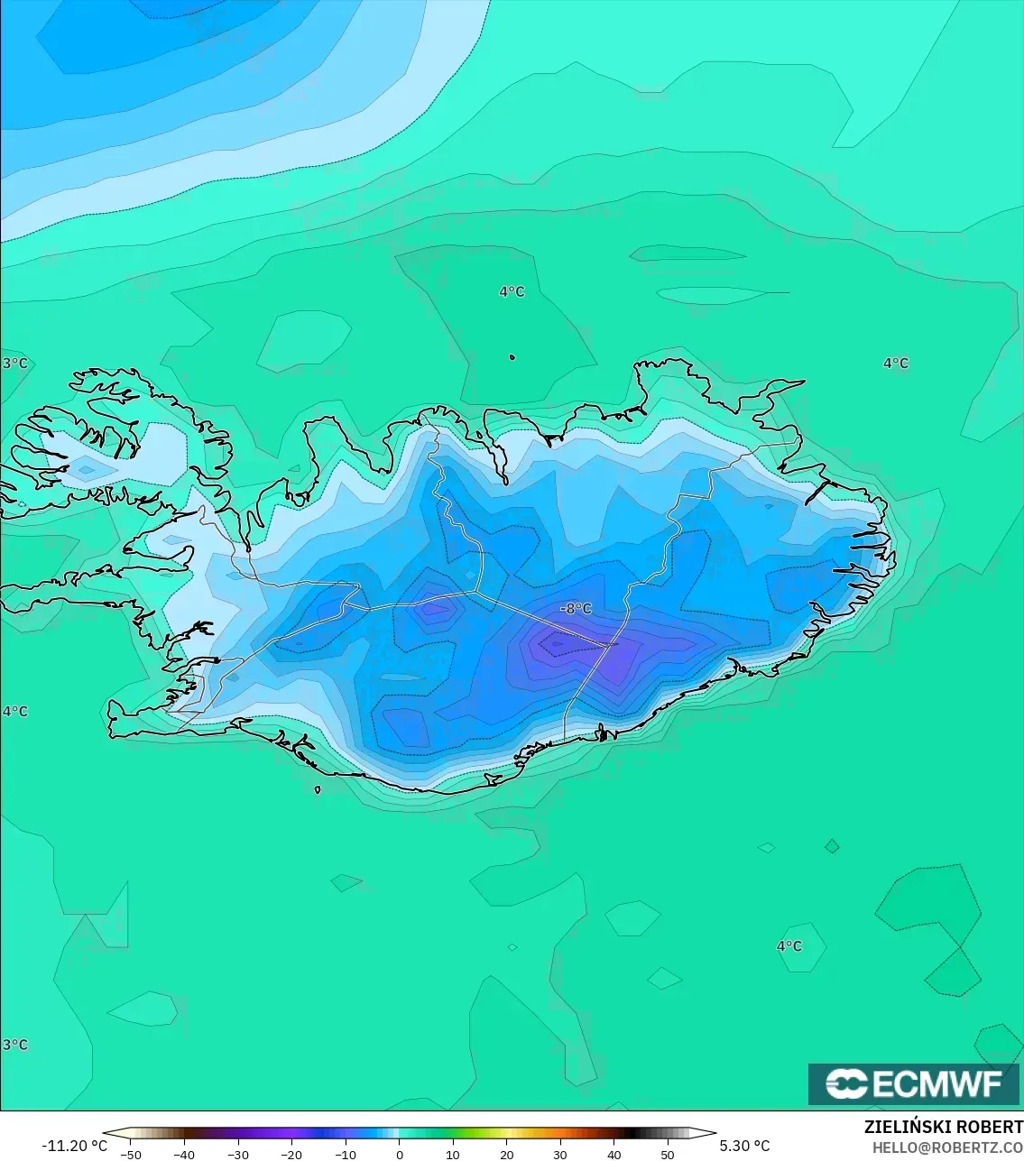 ECMWF IFS 0.25° model - Iceland, Temperature at 2m
