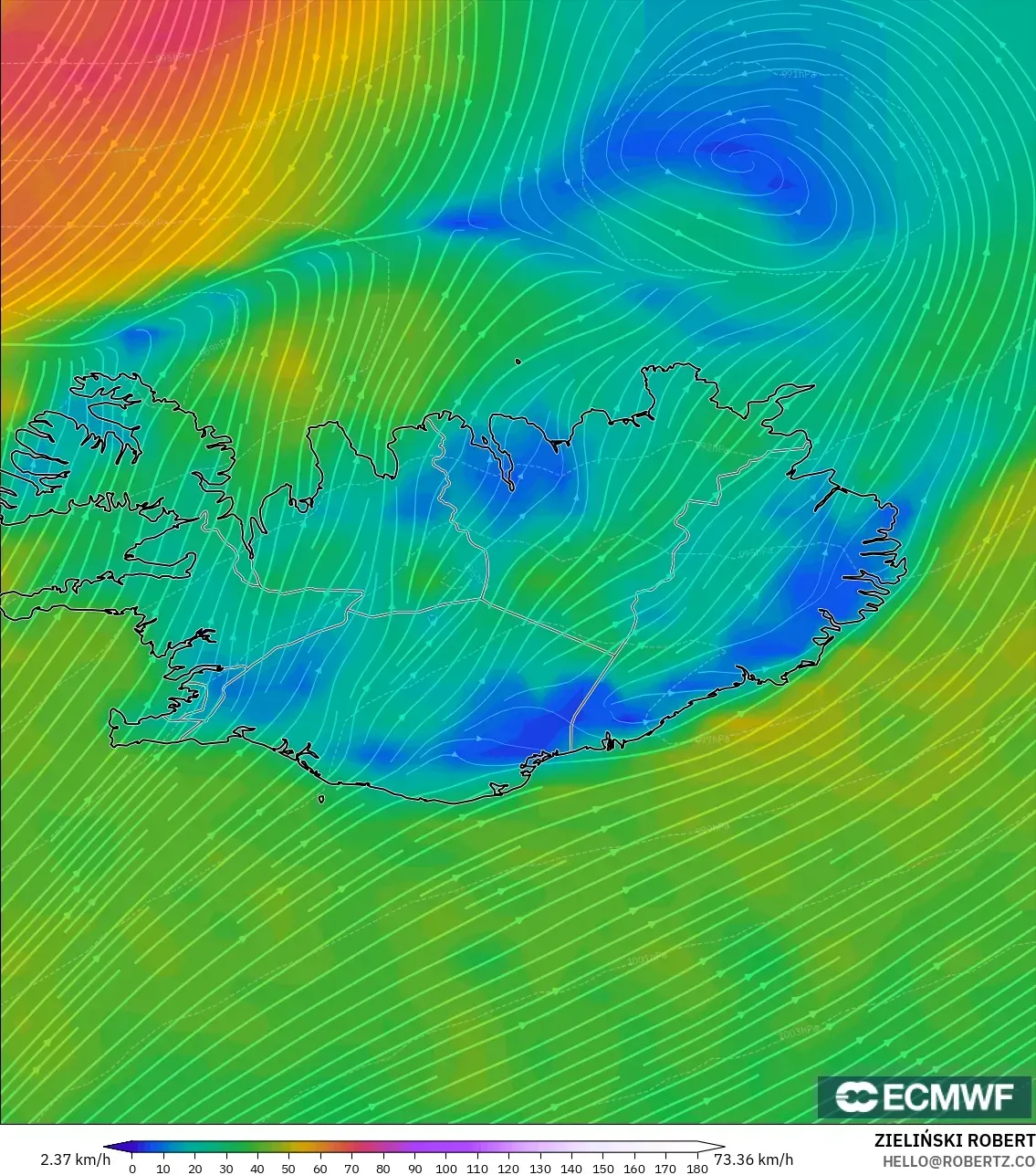ECMWF IFS 0.25° model - Iceland, Wind at 10m