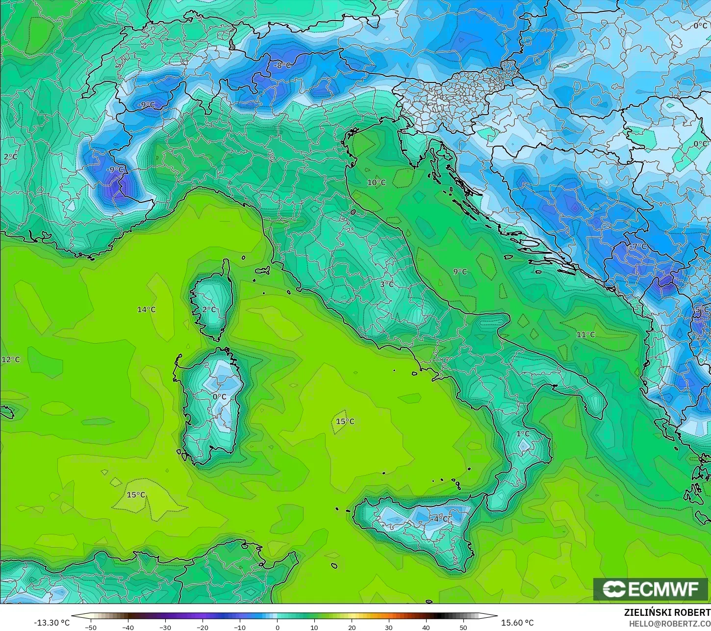 ECMWF IFS 0.25° model - Italy, Dewpoint at 2m