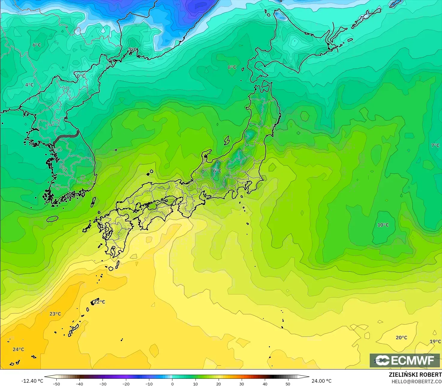 ECMWF IFS 0.25° model - Japan, Dewpoint at 2m