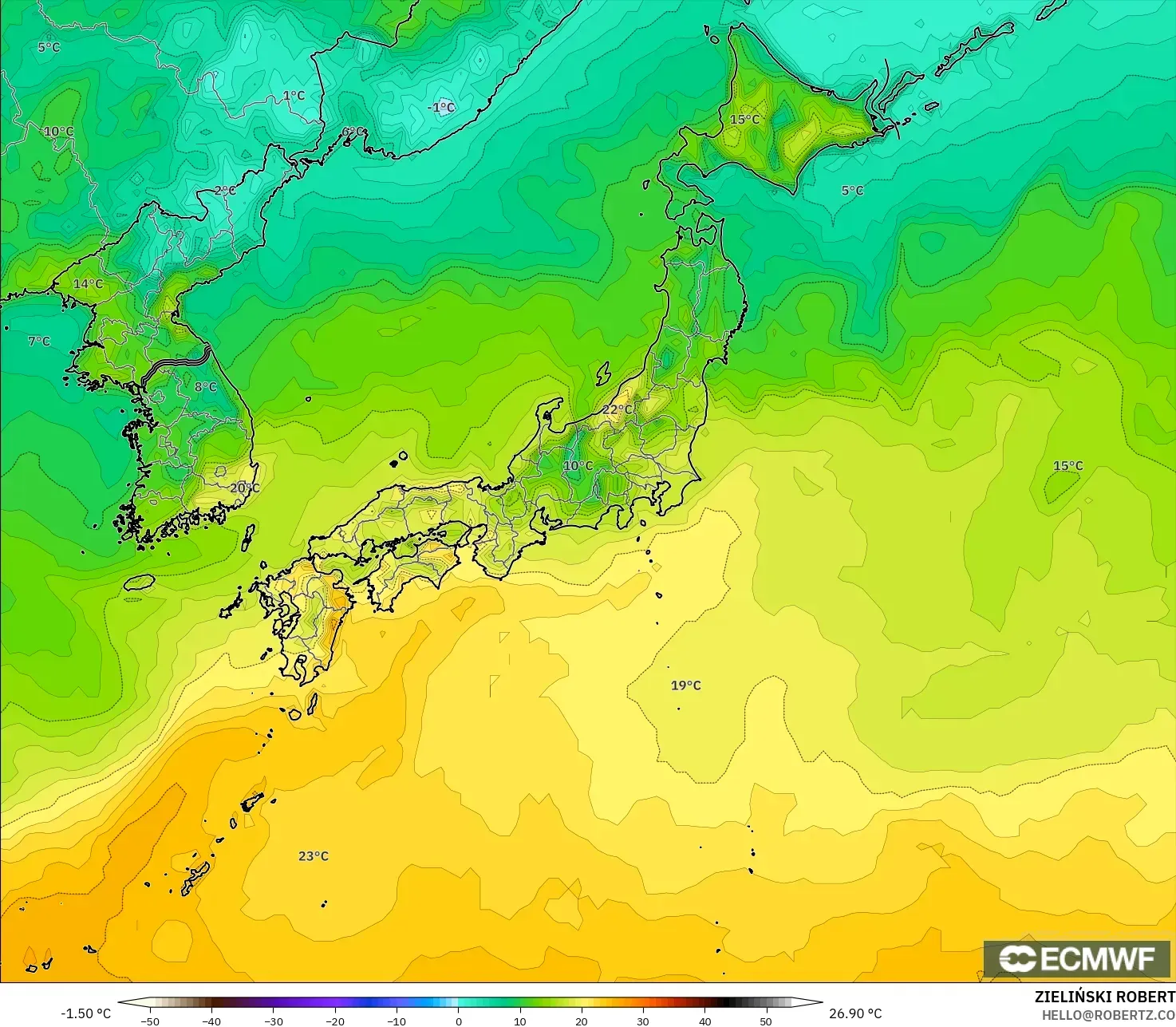 ECMWF IFS 0.25° model - Japan, Temperature at 2m
