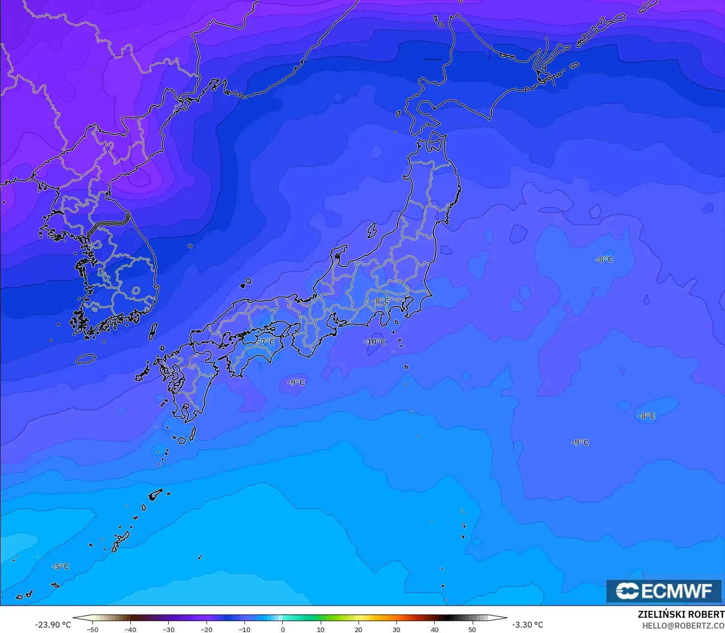ECMWF IFS 0.25° model - Japan, Temperature at 500hPa
