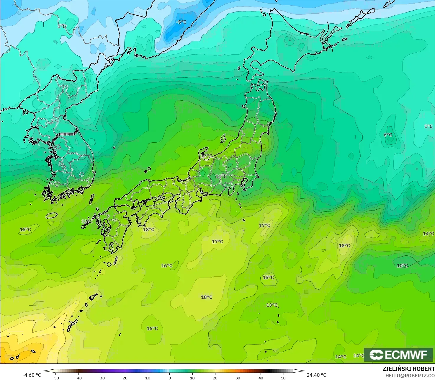 ECMWF IFS 0.25° model - Japan, Temperature at 850hPa