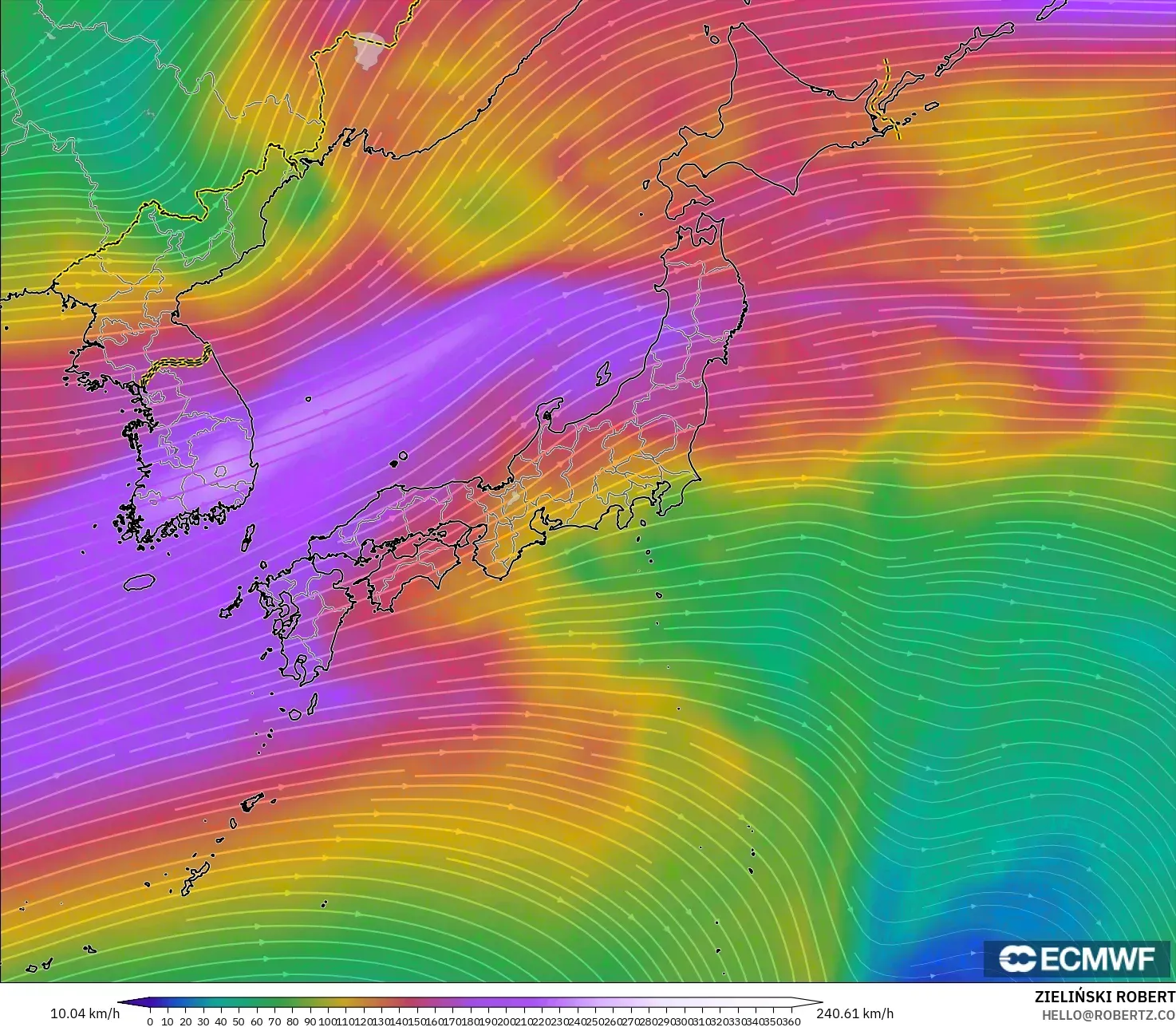 ECMWF IFS 0.25° model - Japan, Wind at 300hPa (jet stream)