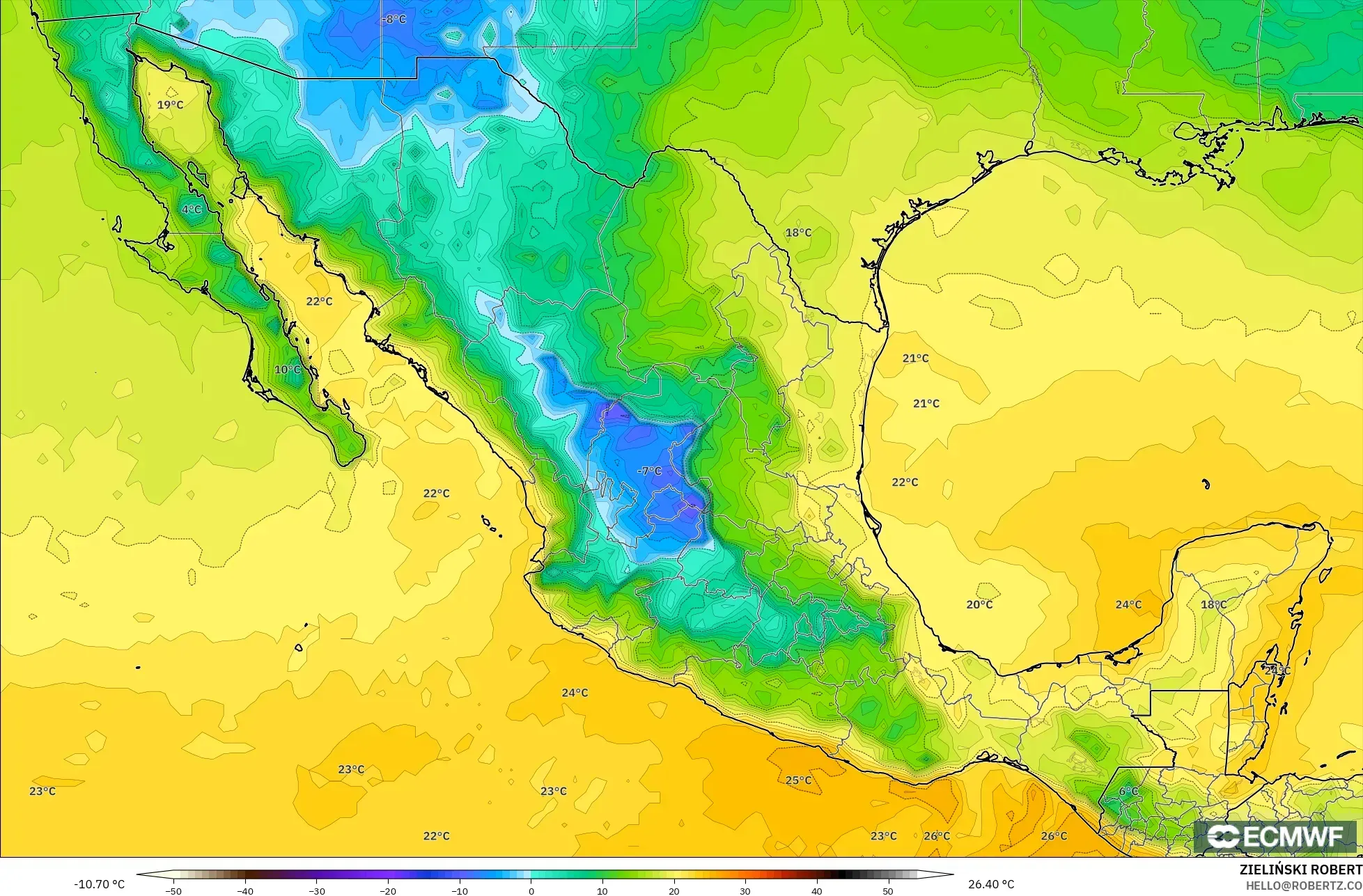 ECMWF IFS 0.25° model - Mexico, Dewpoint at 2m