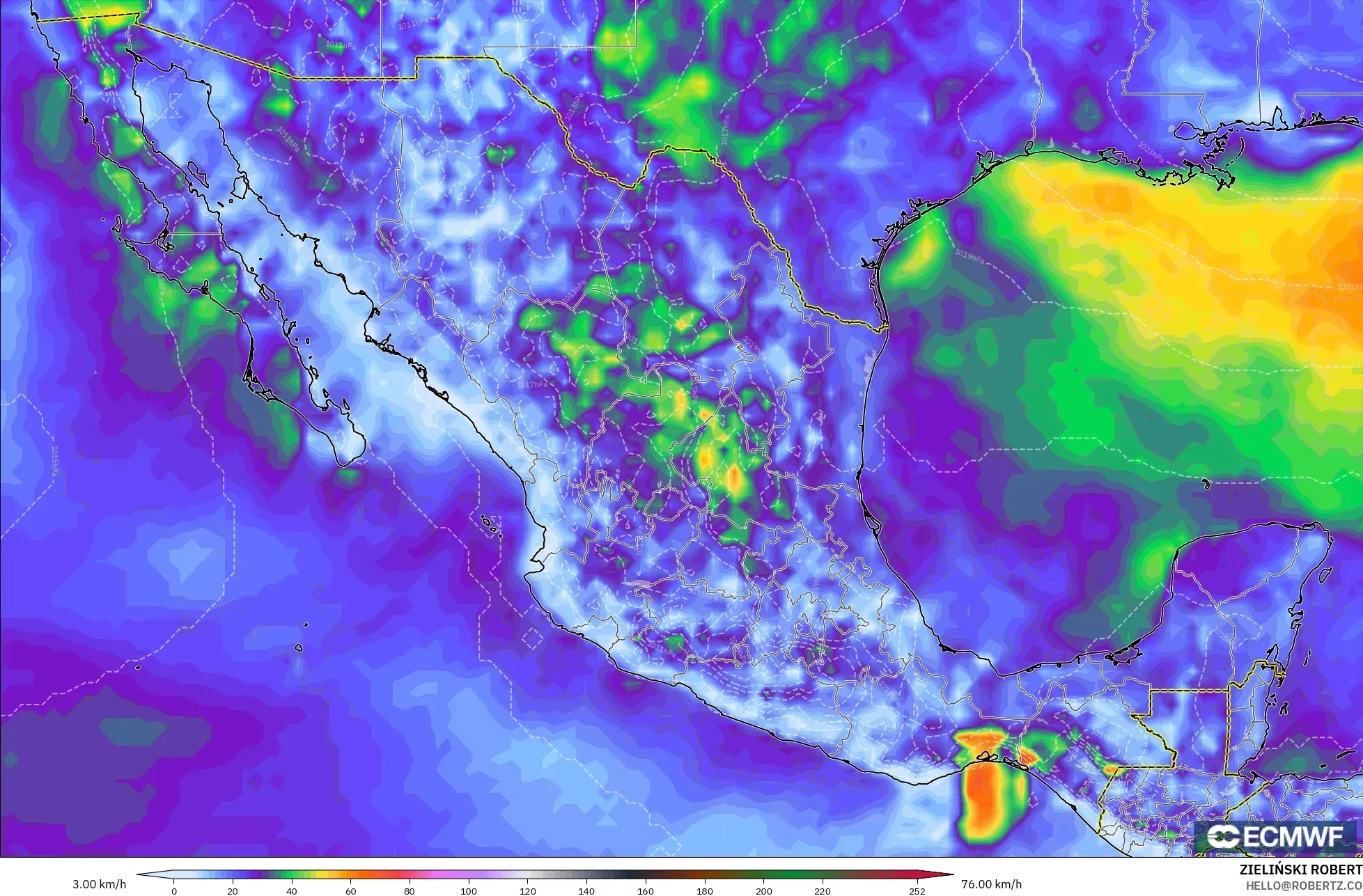 ECMWF IFS 0.25° model - Mexico, Wind Gusts