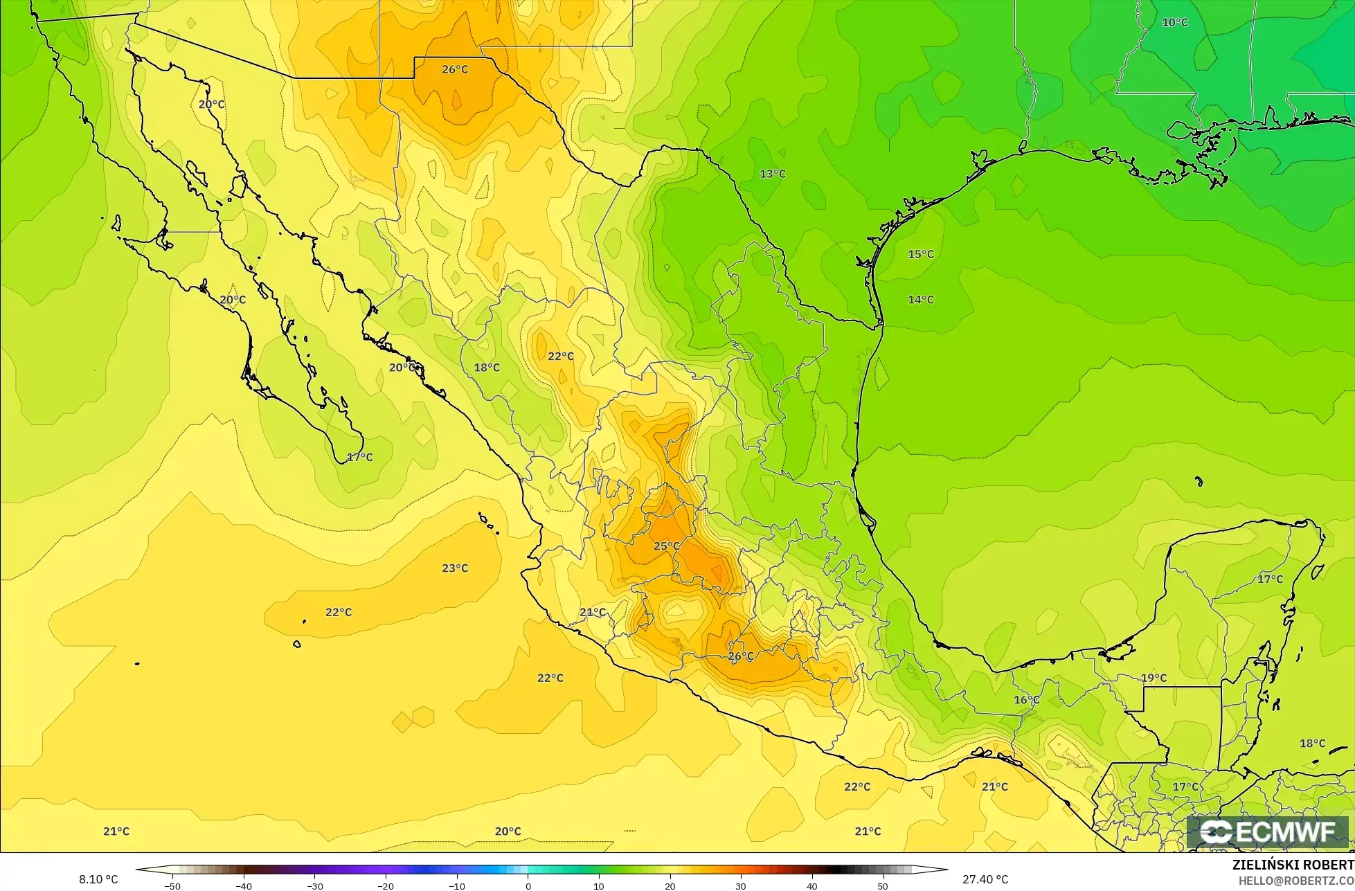 ECMWF IFS 0.25° model - Mexico, Temperature at 850hPa