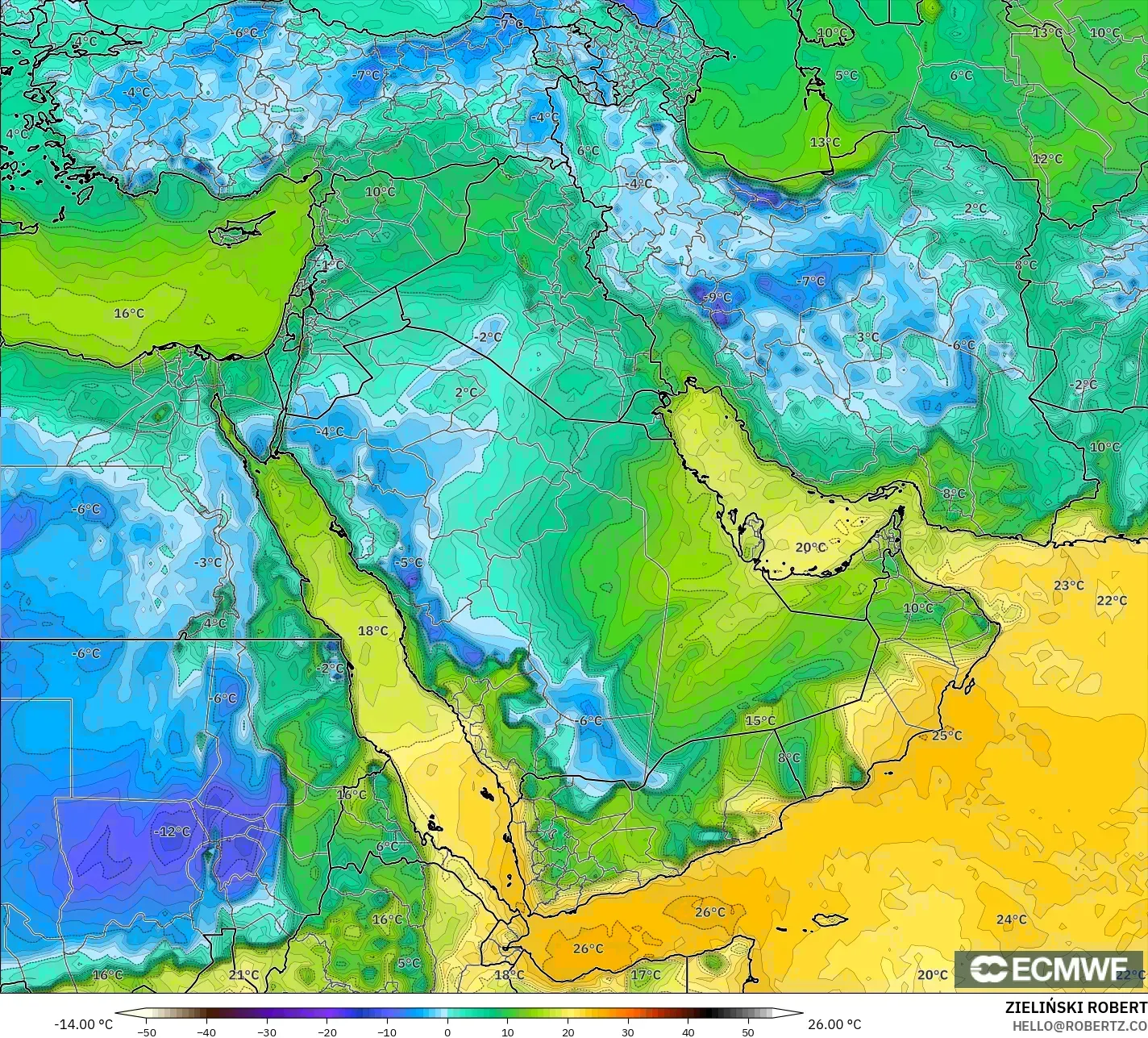 ECMWF IFS 0.25° model - Middle East, Dewpoint at 2m