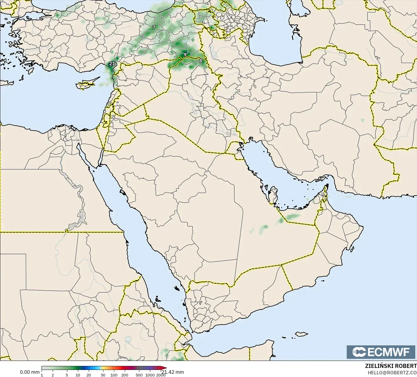 ECMWF IFS 0.25° model - Middle East, Precipitation Accumulation