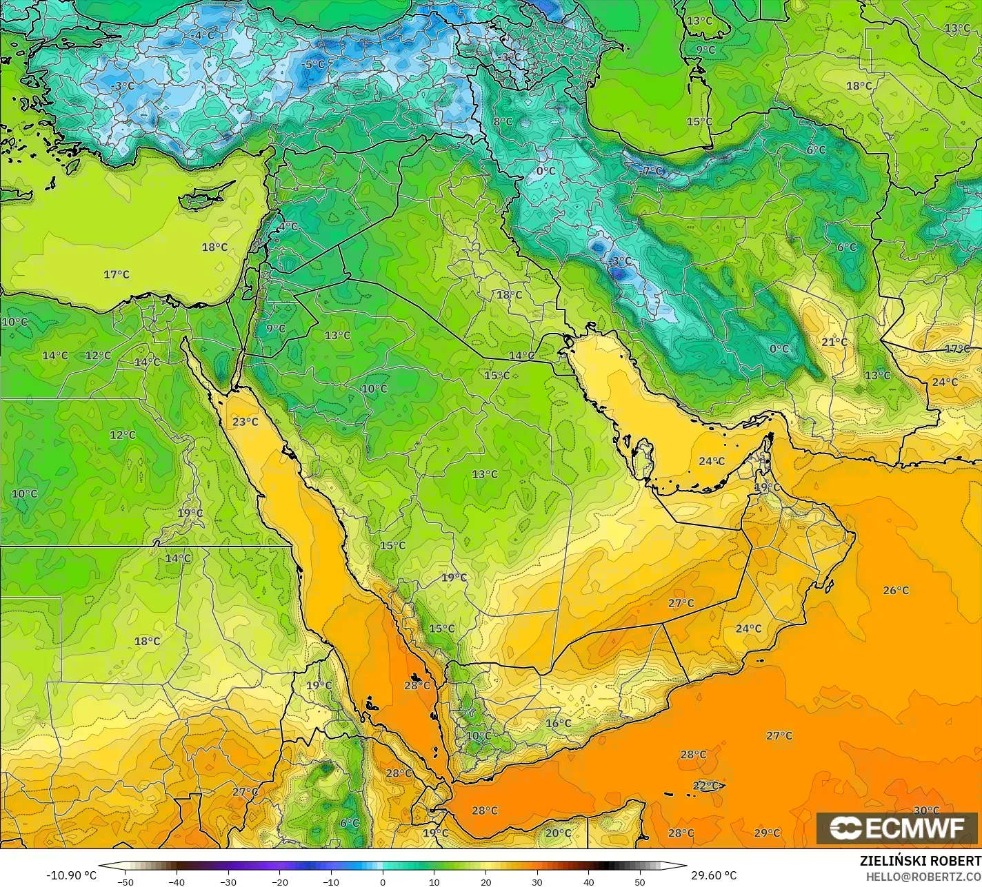 ECMWF IFS 0.25° model - Middle East, Temperature at 2m