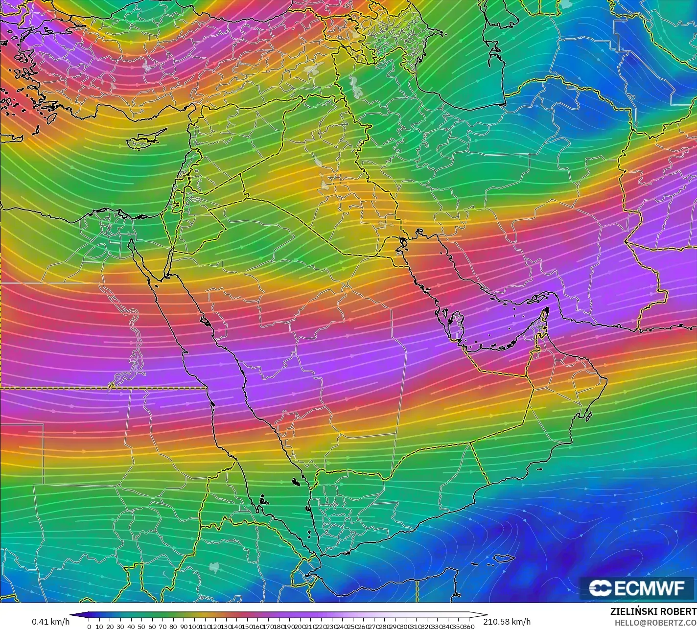 ECMWF IFS 0.25° model - Middle East, Wind at 300hPa (jet stream)