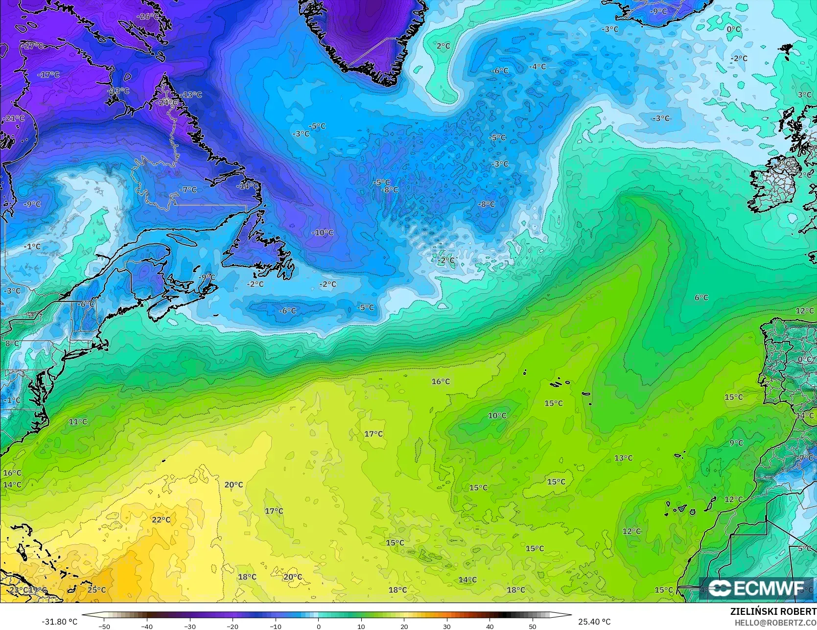 ECMWF IFS 0.25° model - North Atlantic, Dewpoint at 2m