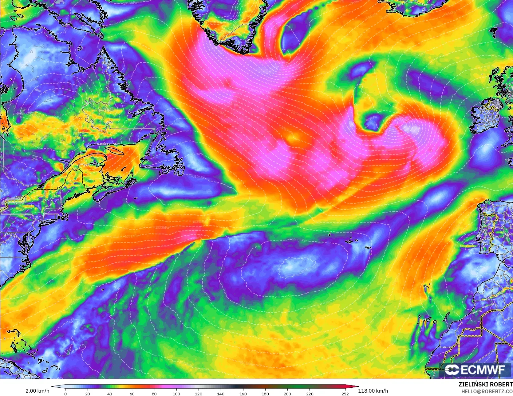 ECMWF IFS 0.25° model - North Atlantic, Wind Gusts