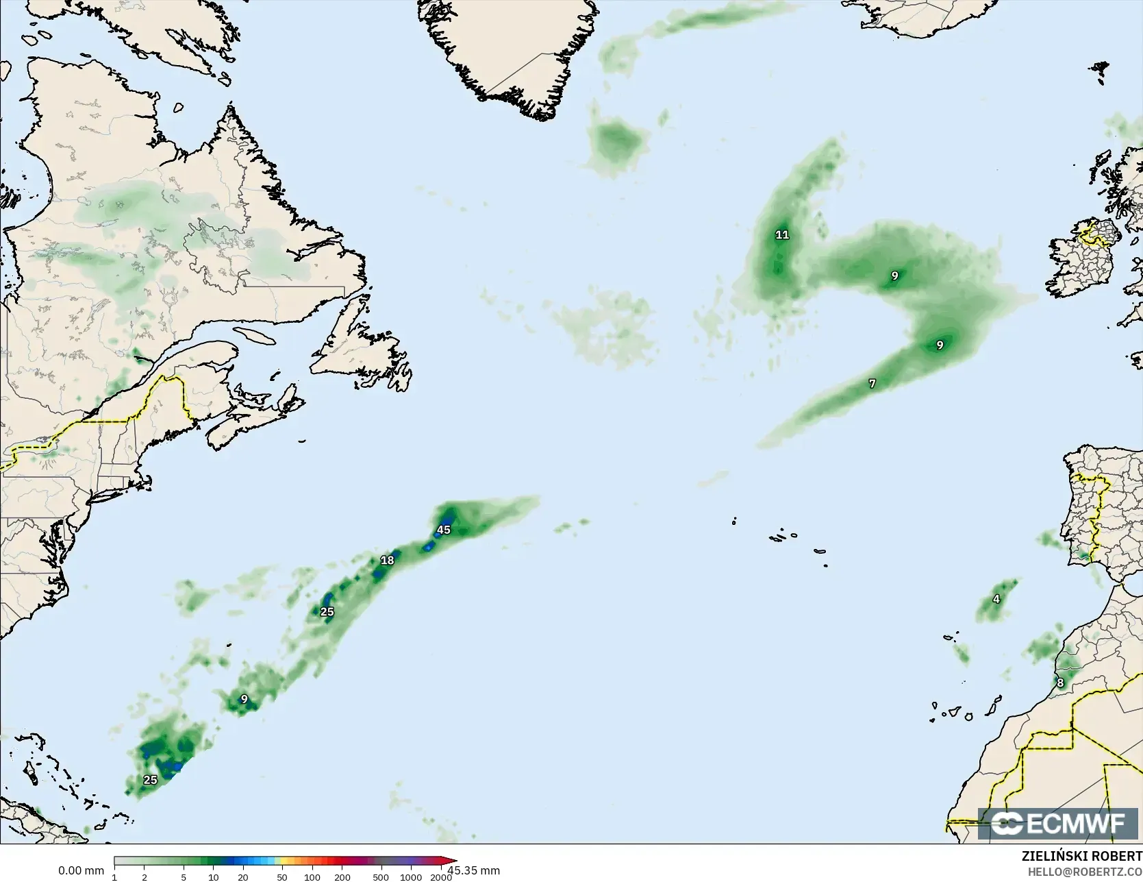 ECMWF IFS 0.25° model - North Atlantic, Precipitation Accumulation