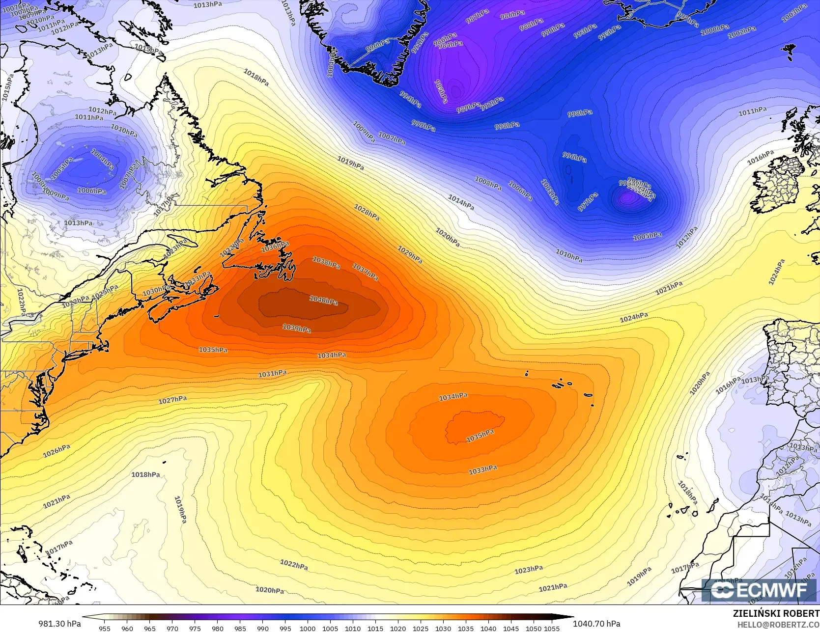 ECMWF IFS 0.25° model - North Atlantic, Pressure