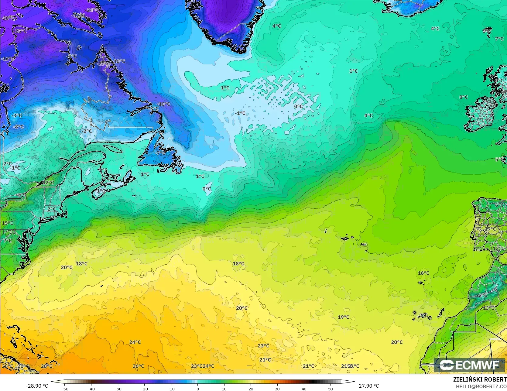 ECMWF IFS 0.25° model - North Atlantic, Temperature at 2m