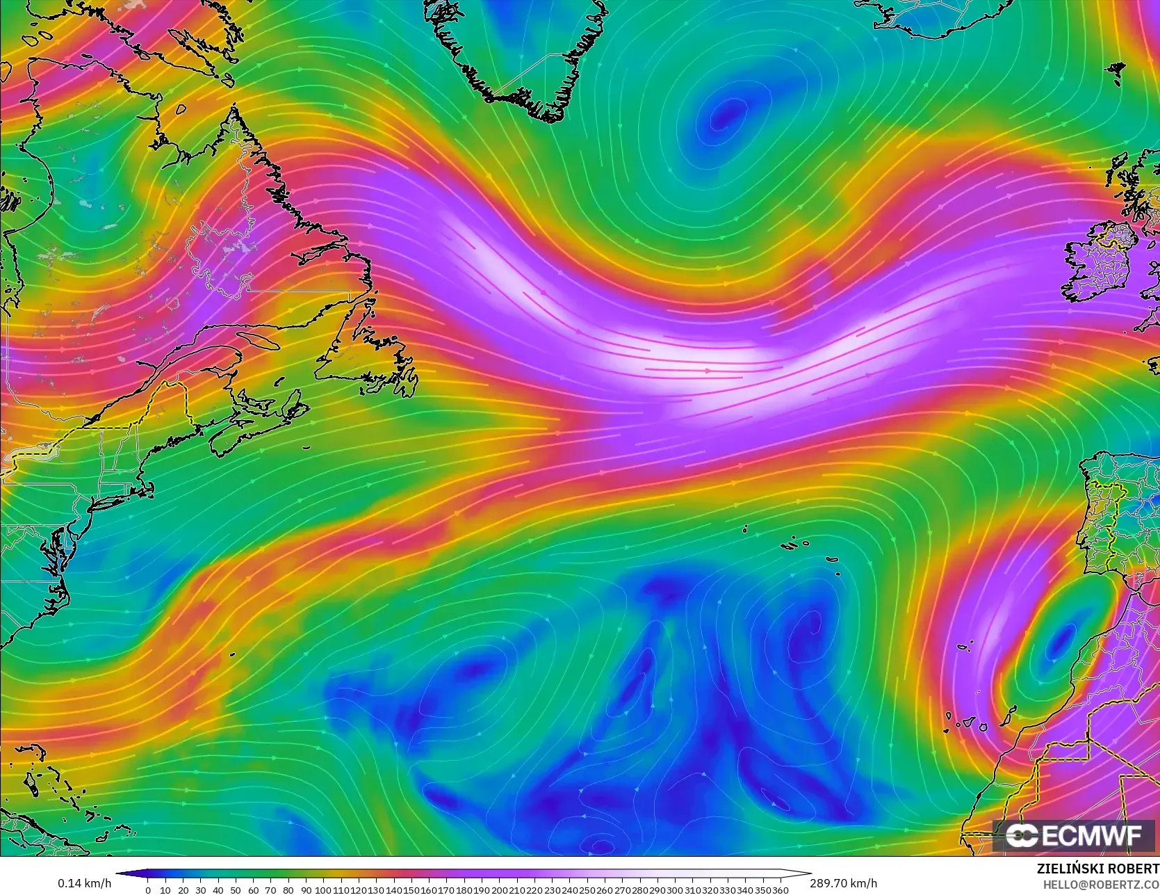 ECMWF IFS 0.25° model - North Atlantic, Wind at 300hPa (jet stream)