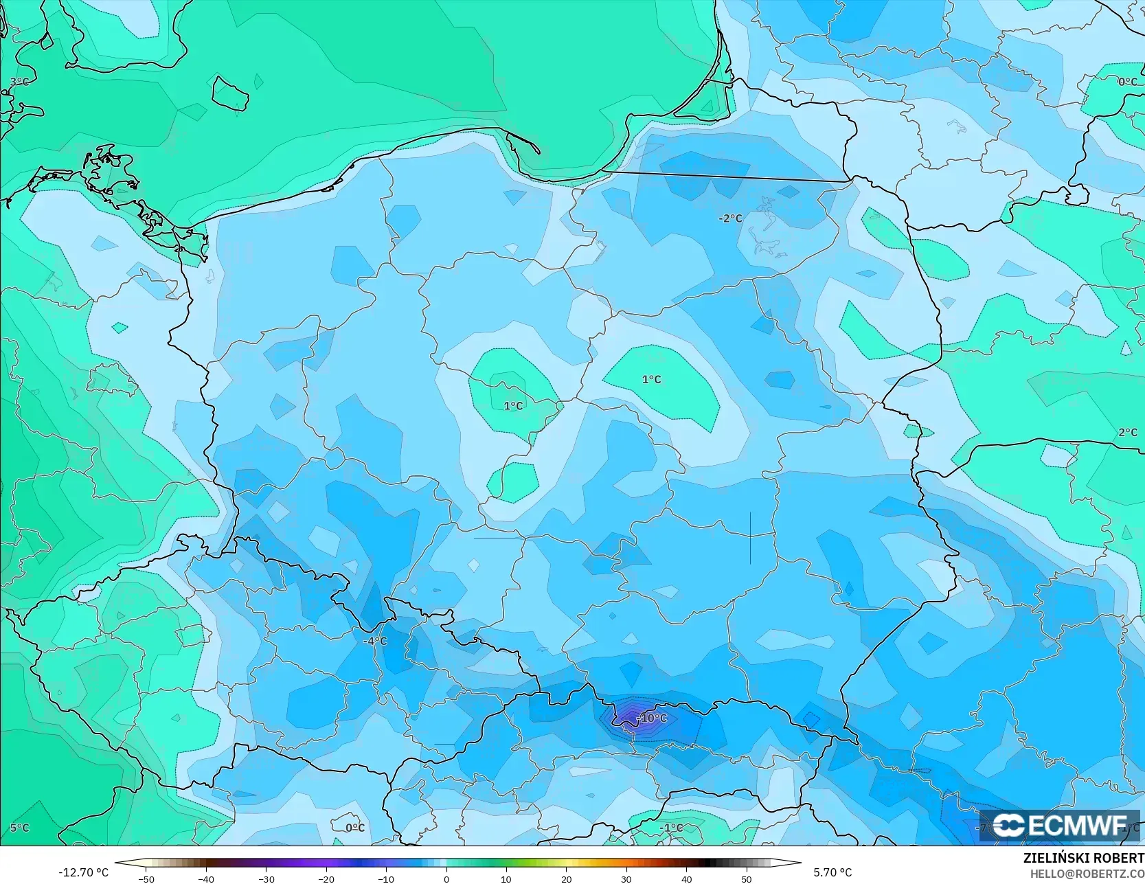 ECMWF IFS 0.25° model - Poland, Temperature at 2m