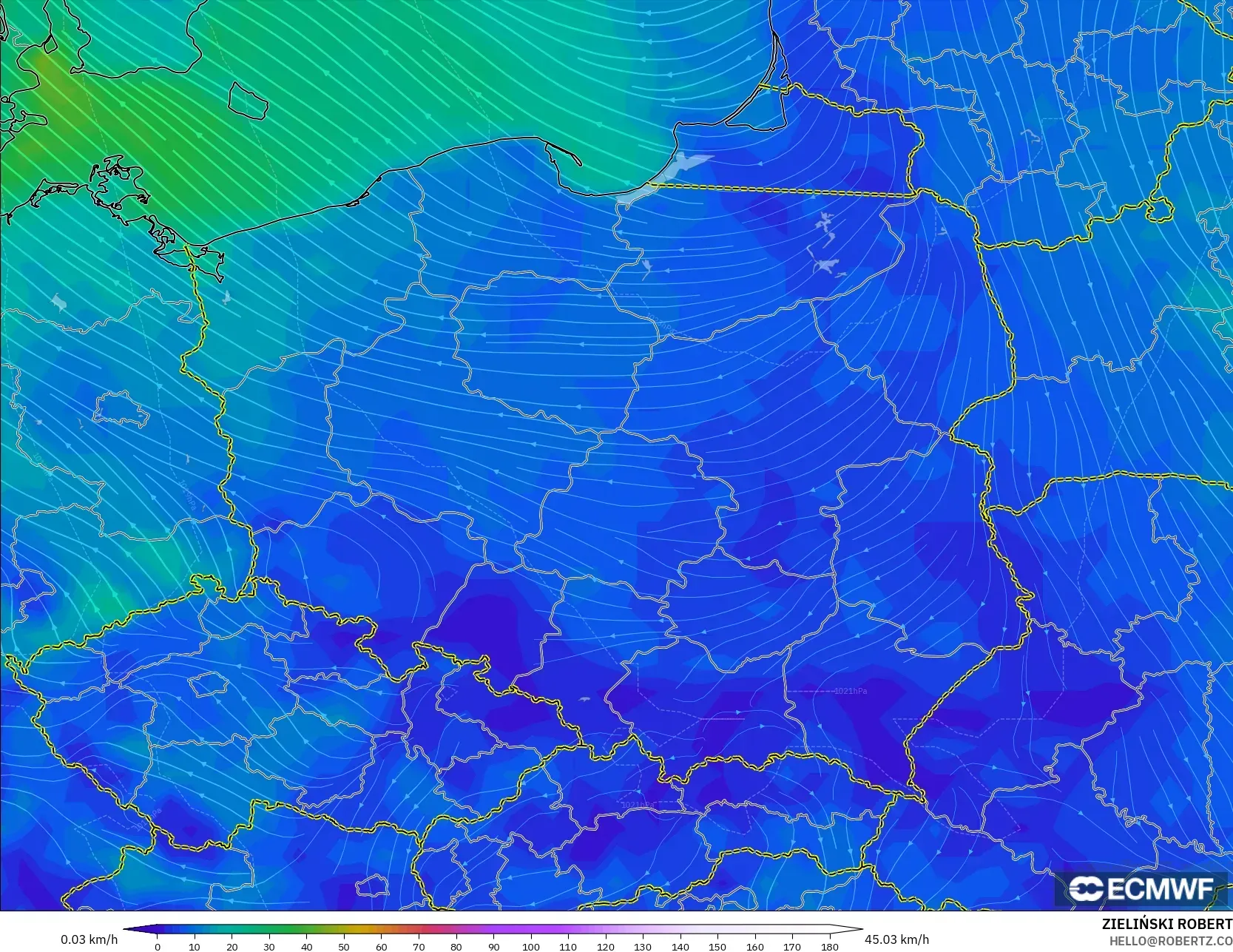 ECMWF IFS 0.25° model - Poland, Wind at 10m