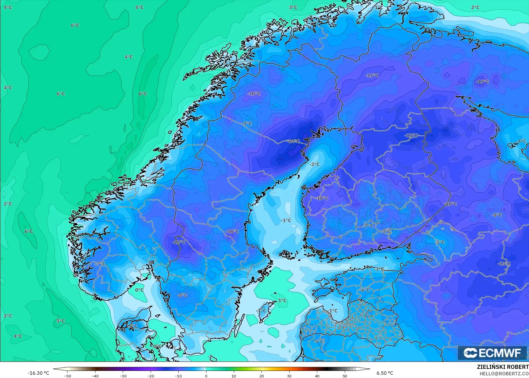 ECMWF IFS 0.25° model - Scandinavia, Dewpoint at 2m
