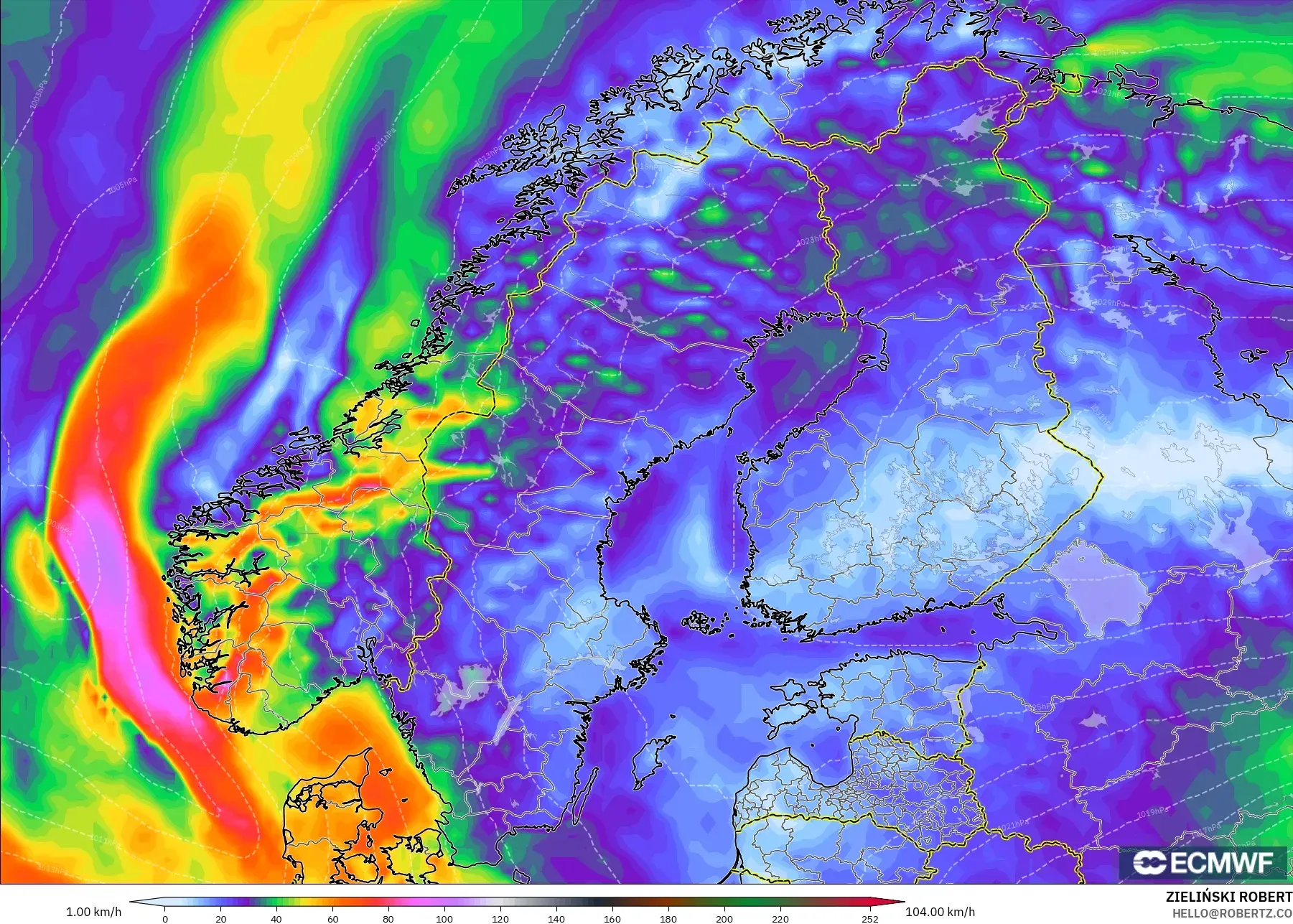 ECMWF IFS 0.25° model - Scandinavia, Wind Gusts