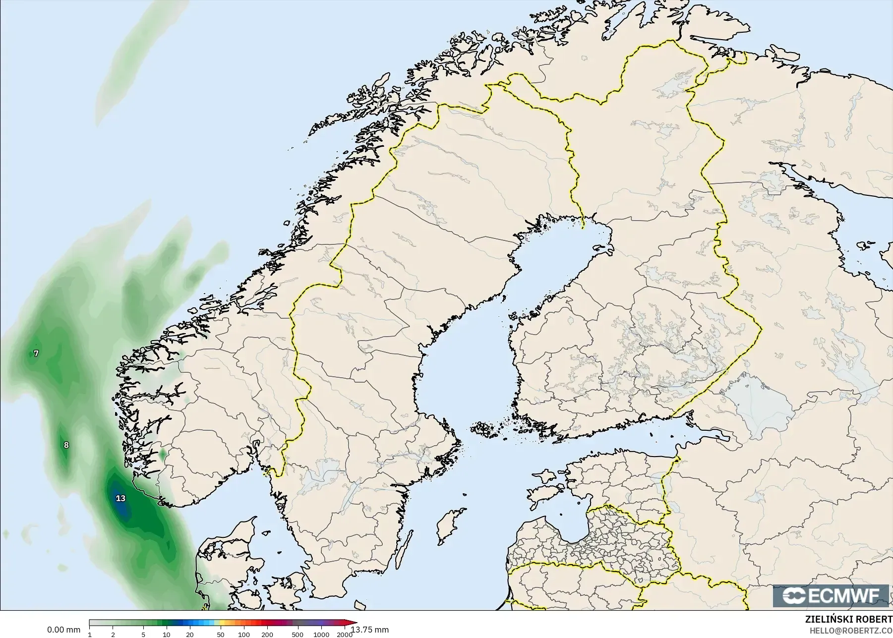 ECMWF IFS 0.25° model - Scandinavia, Precipitation Accumulation