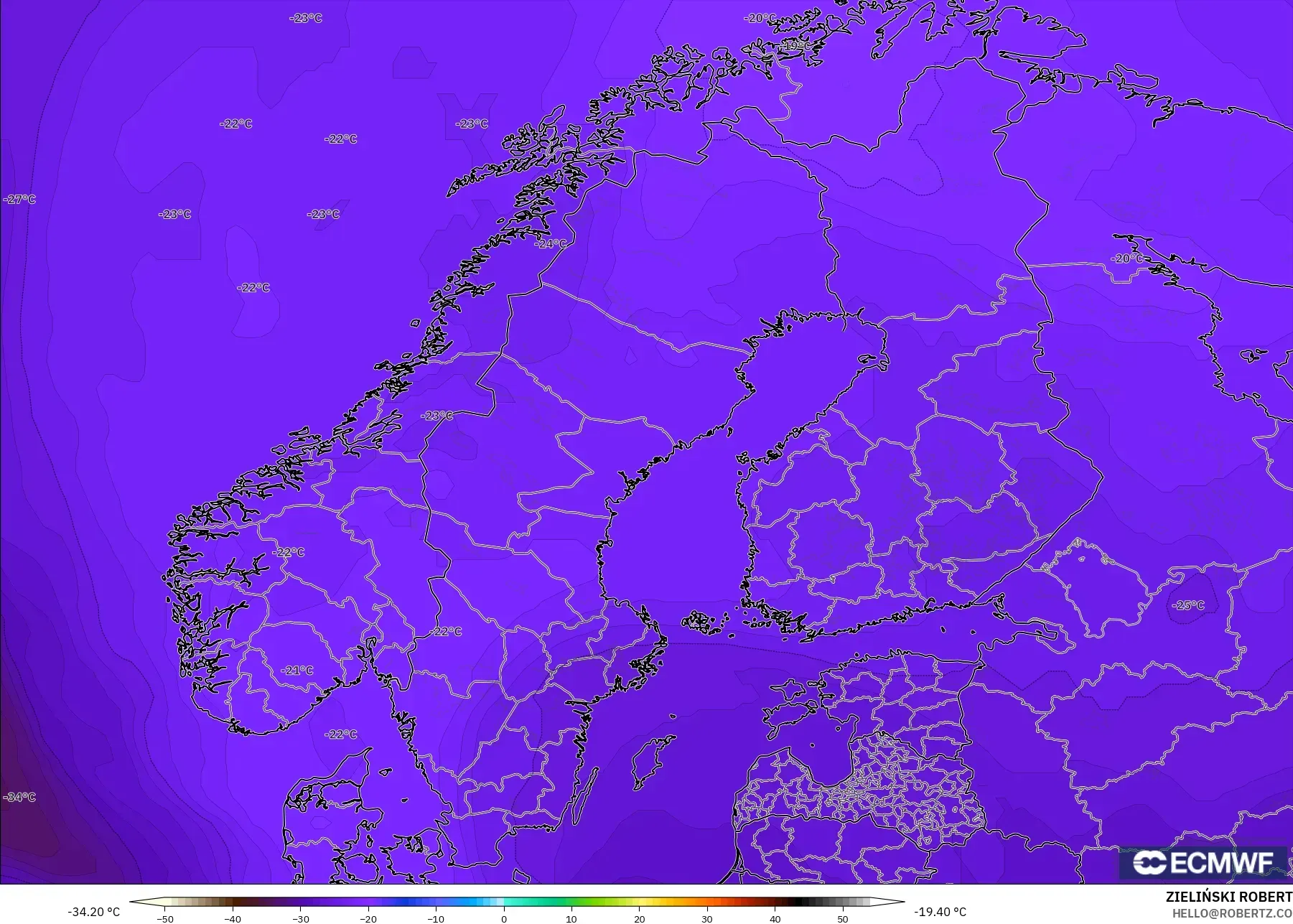 ECMWF IFS 0.25° model - Scandinavia, Temperature at 500hPa