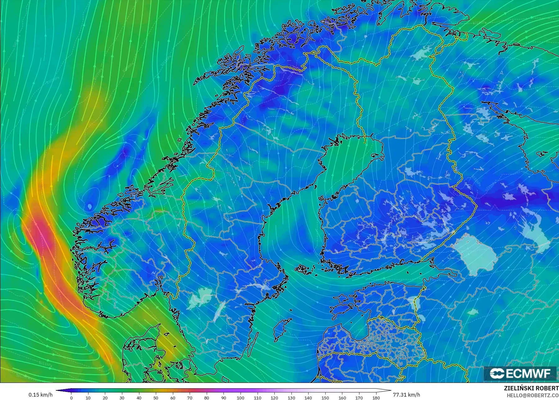 ECMWF IFS 0.25° model - Scandinavia, Wind at 10m