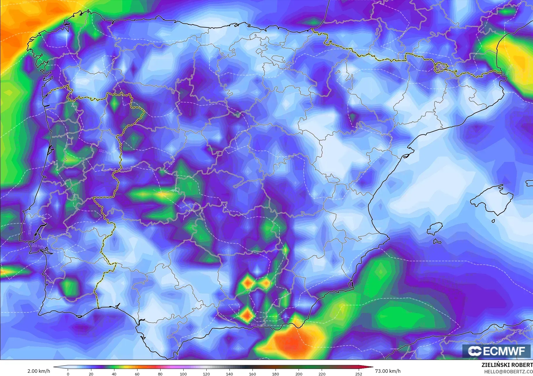 ECMWF IFS 0.25° model - Spain, Wind Gusts