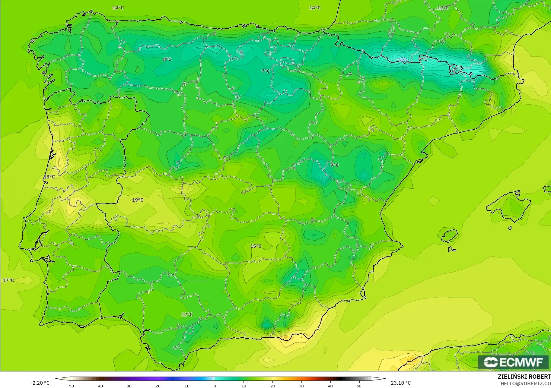 ECMWF IFS 0.25° model - Spain, Temperature at 2m