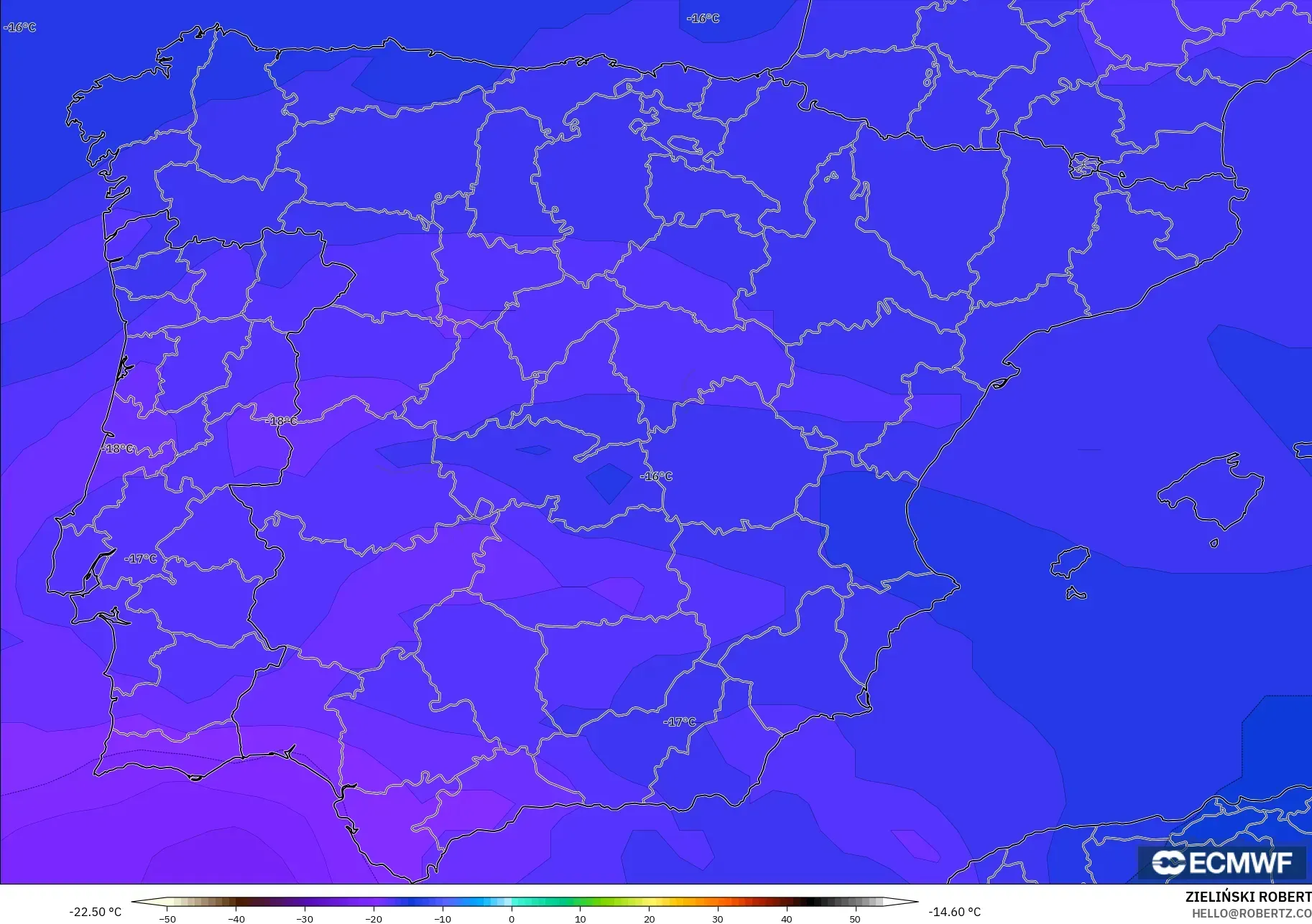 ECMWF IFS 0.25° model - Spain, Temperature at 500hPa