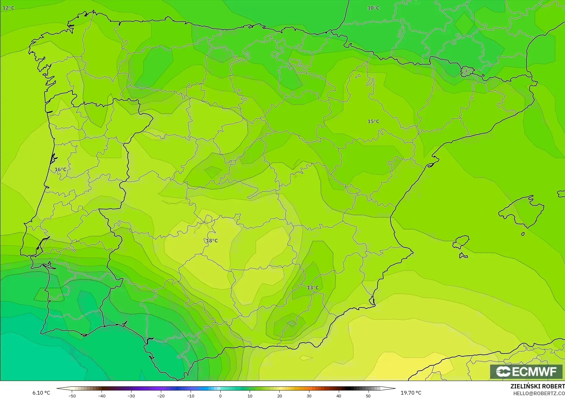 ECMWF IFS 0.25° model - Spain, Temperature at 850hPa