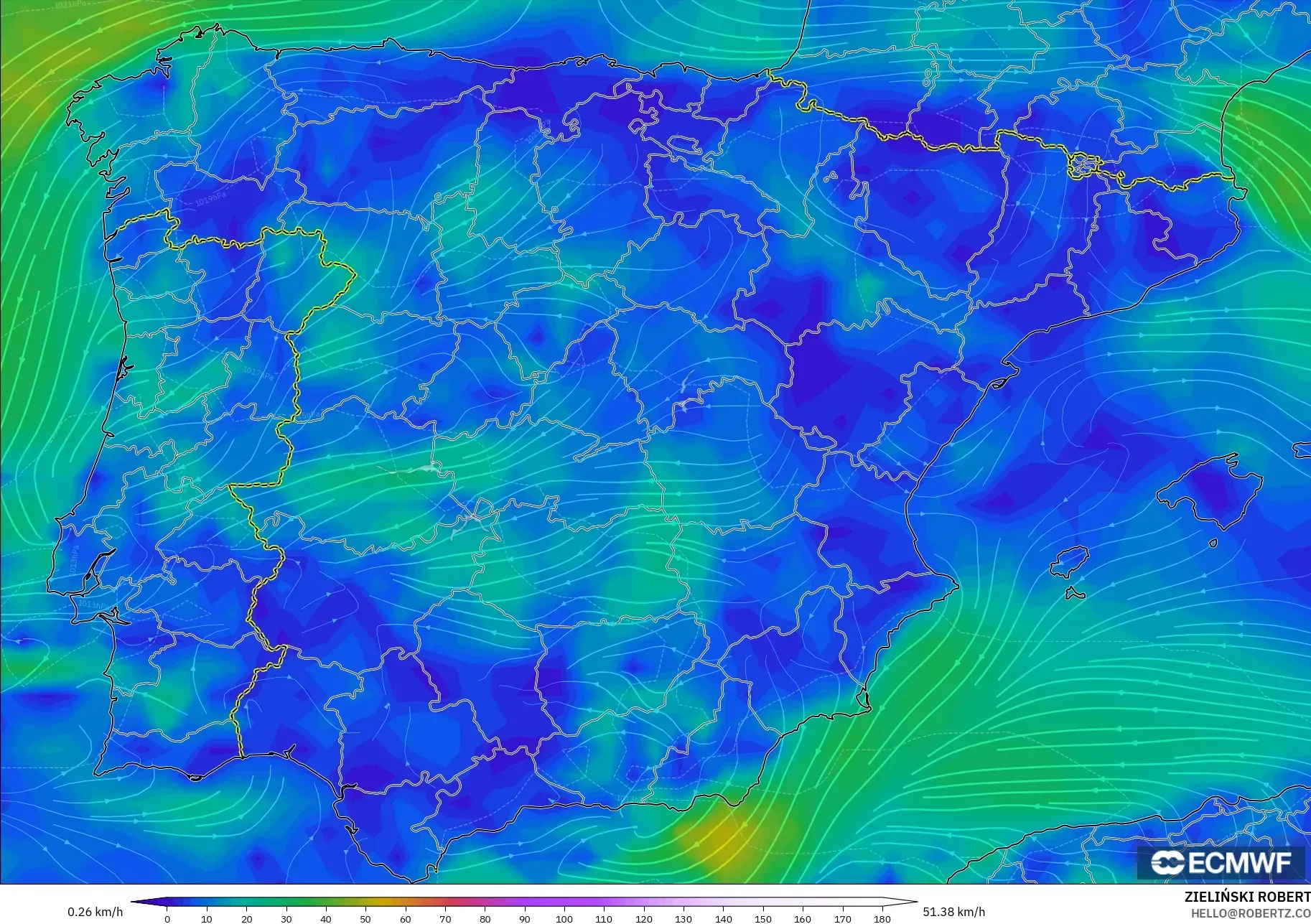 ECMWF IFS 0.25° model - Spain, Wind at 10m