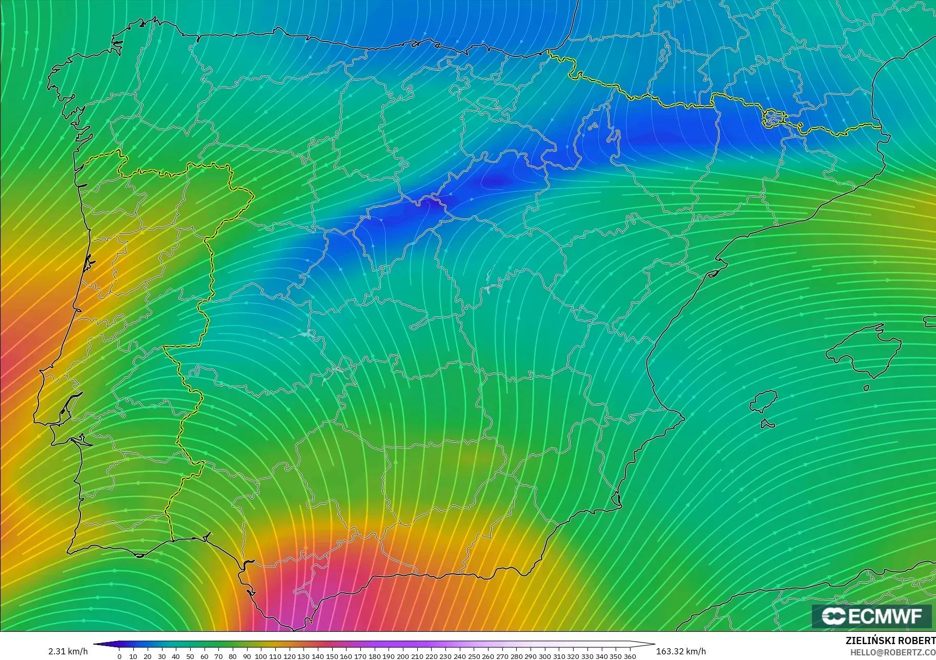 ECMWF IFS 0.25° model - Spain, Wind at 300hPa (jet stream)
