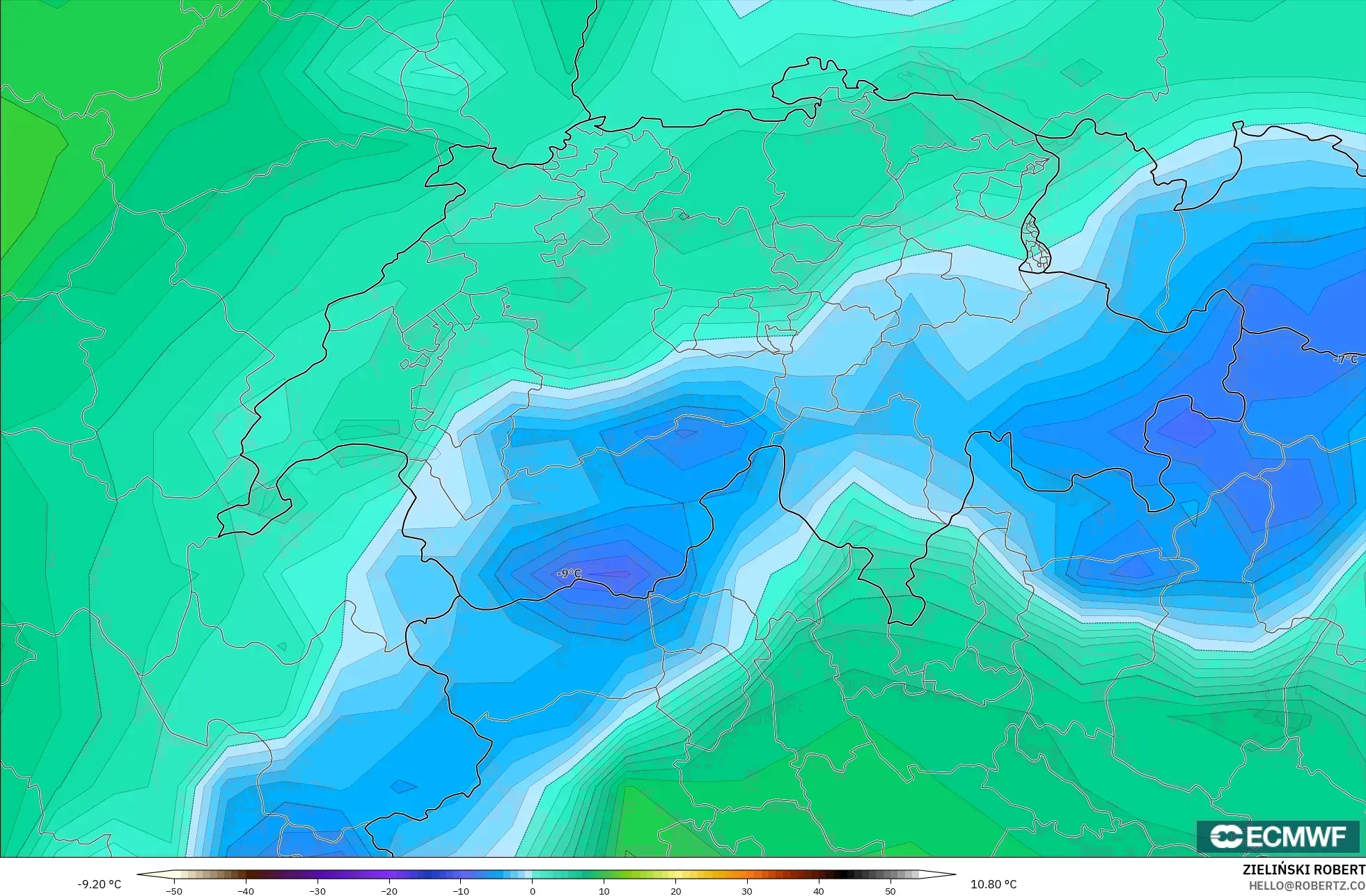 ECMWF IFS 0.25° model - Switzerland, Dewpoint at 2m