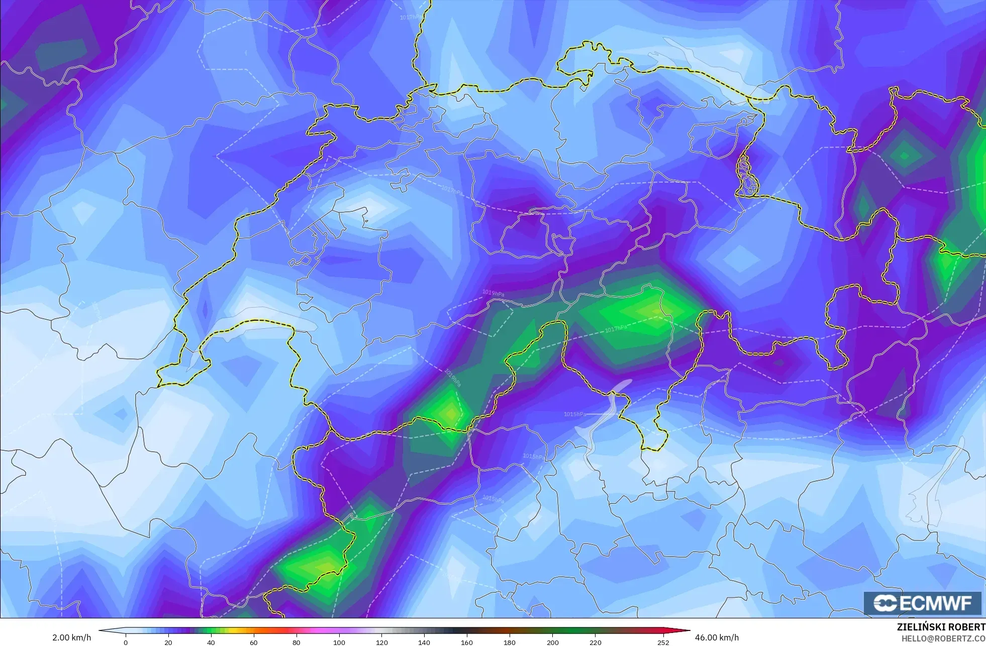ECMWF IFS 0.25° model - Switzerland, Wind Gusts