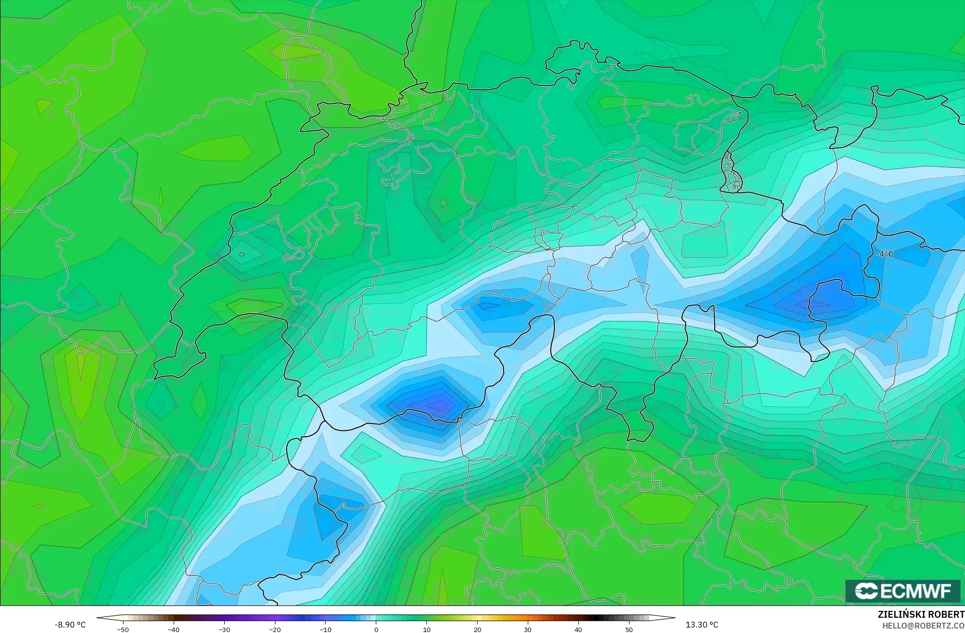 ECMWF IFS 0.25° model - Switzerland, Temperature at 2m