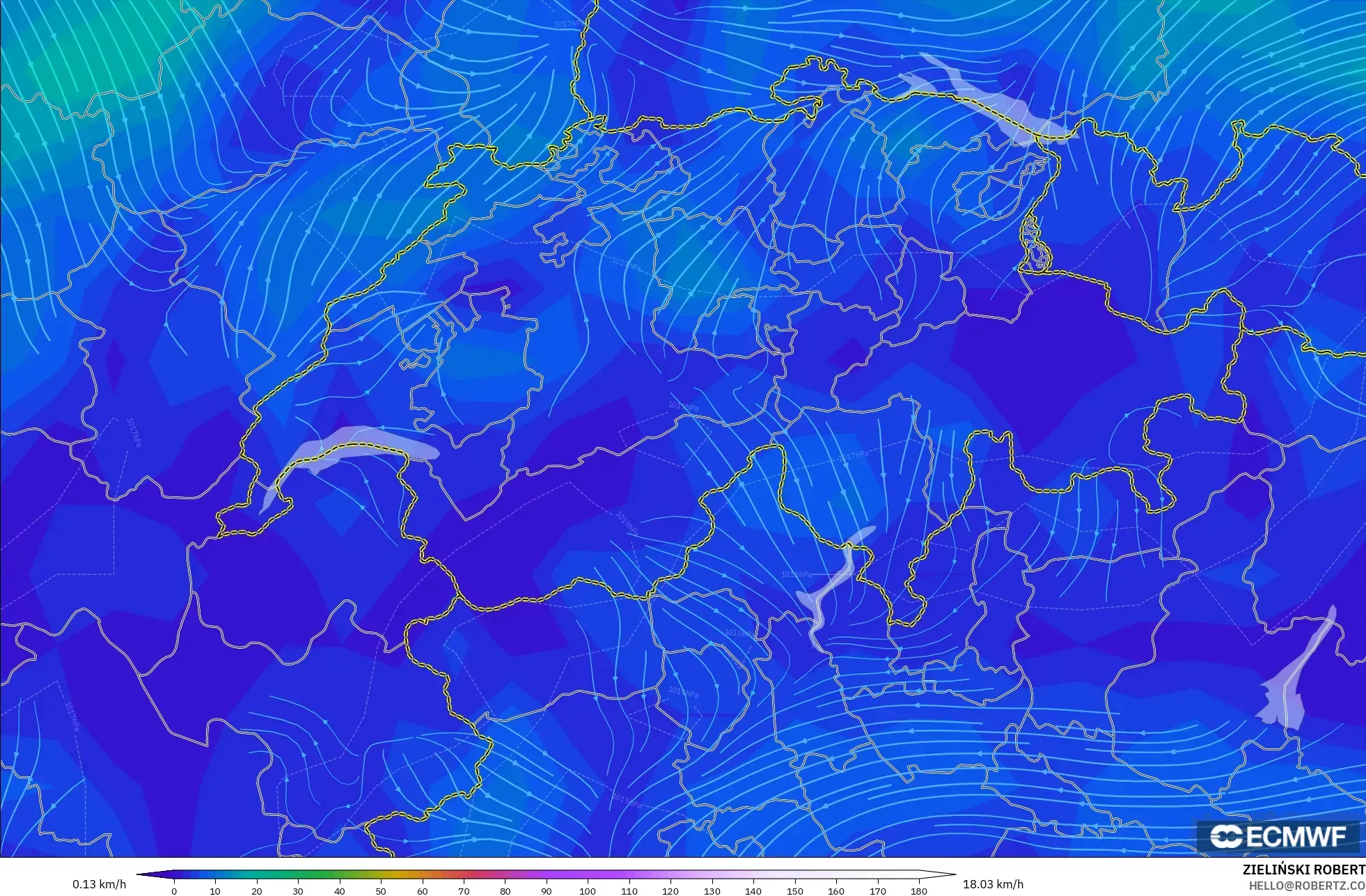 ECMWF IFS 0.25° model - Switzerland, Wind at 10m