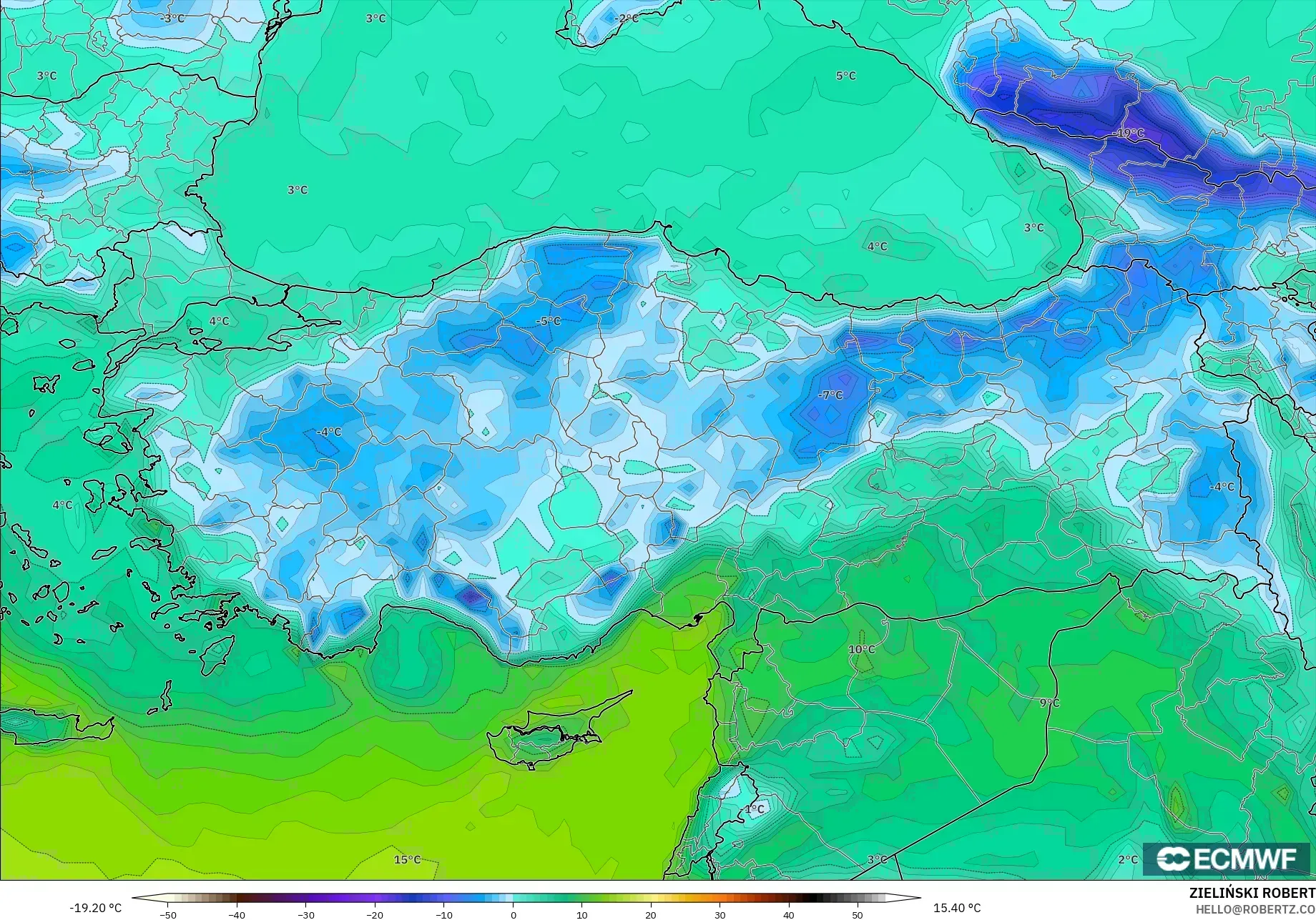 ECMWF IFS 0.25° model - Turkey, Dewpoint at 2m
