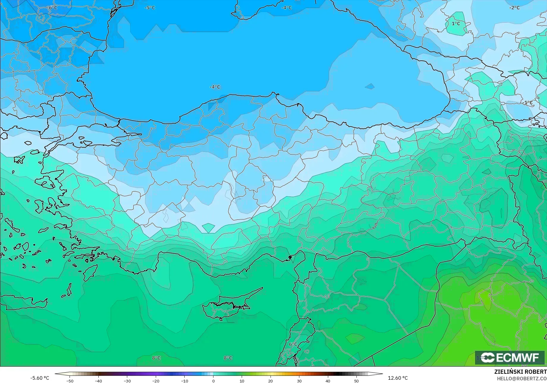 ECMWF IFS 0.25° model - Turkey, Temperature at 850hPa