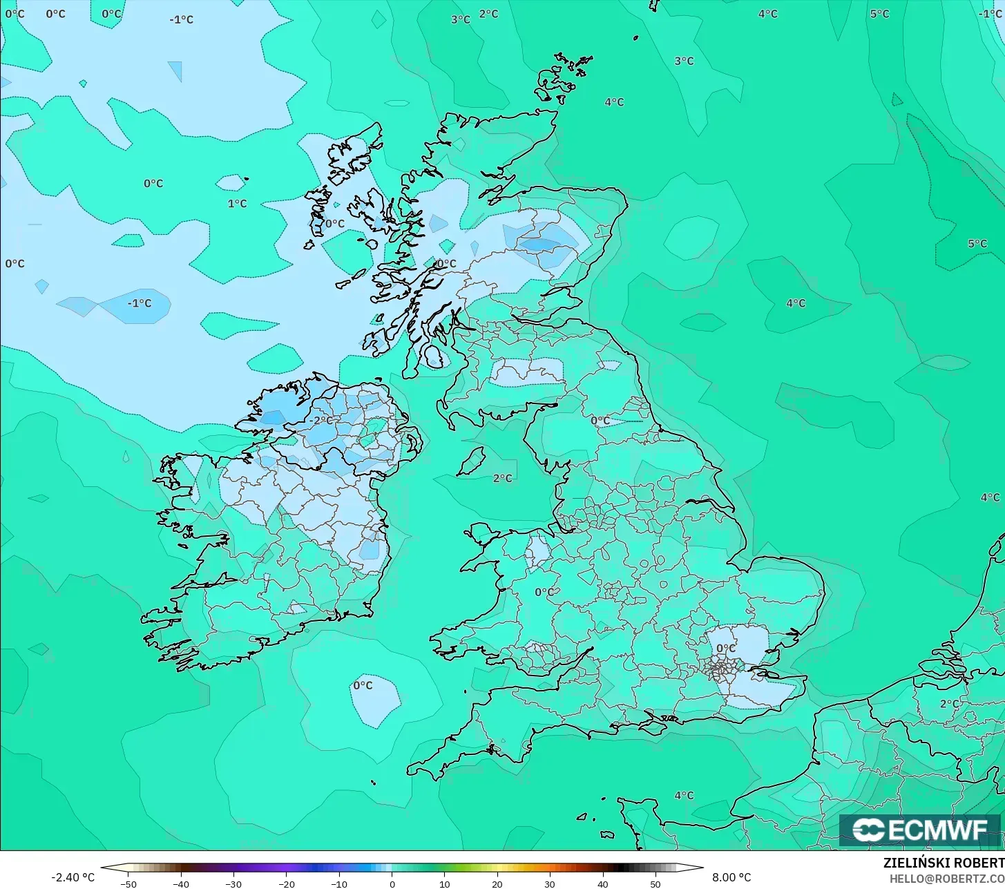 ECMWF IFS 0.25° model - United Kingdom, Dewpoint at 2m