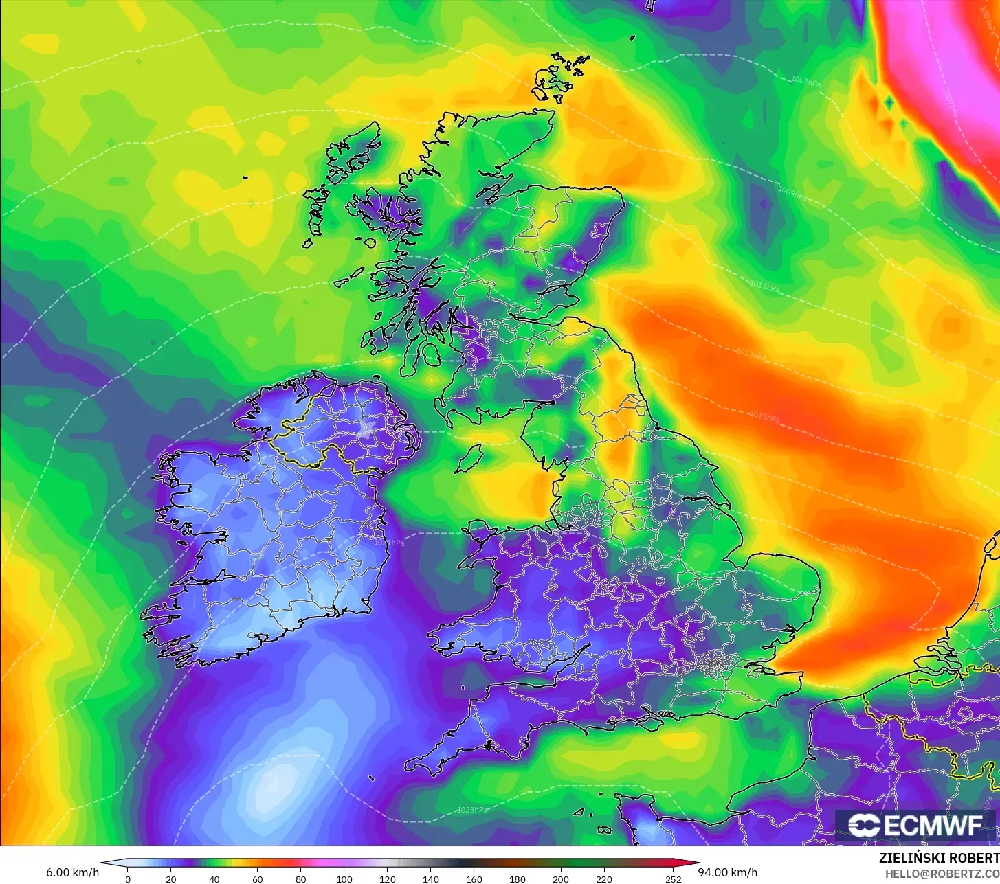 ECMWF IFS 0.25° model - United Kingdom, Wind Gusts Peak