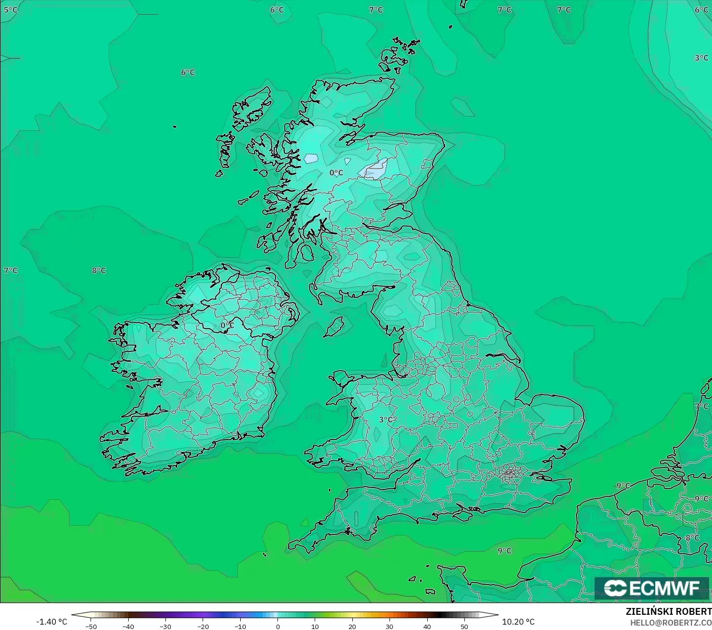 ECMWF IFS 0.25° model - United Kingdom, Temperature at 2m