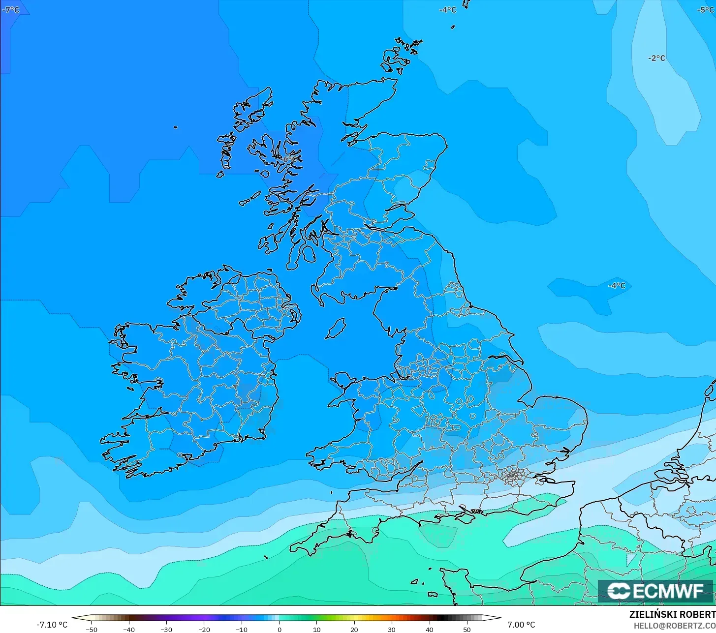 ECMWF IFS 0.25° model - United Kingdom, Temperature at 850hPa