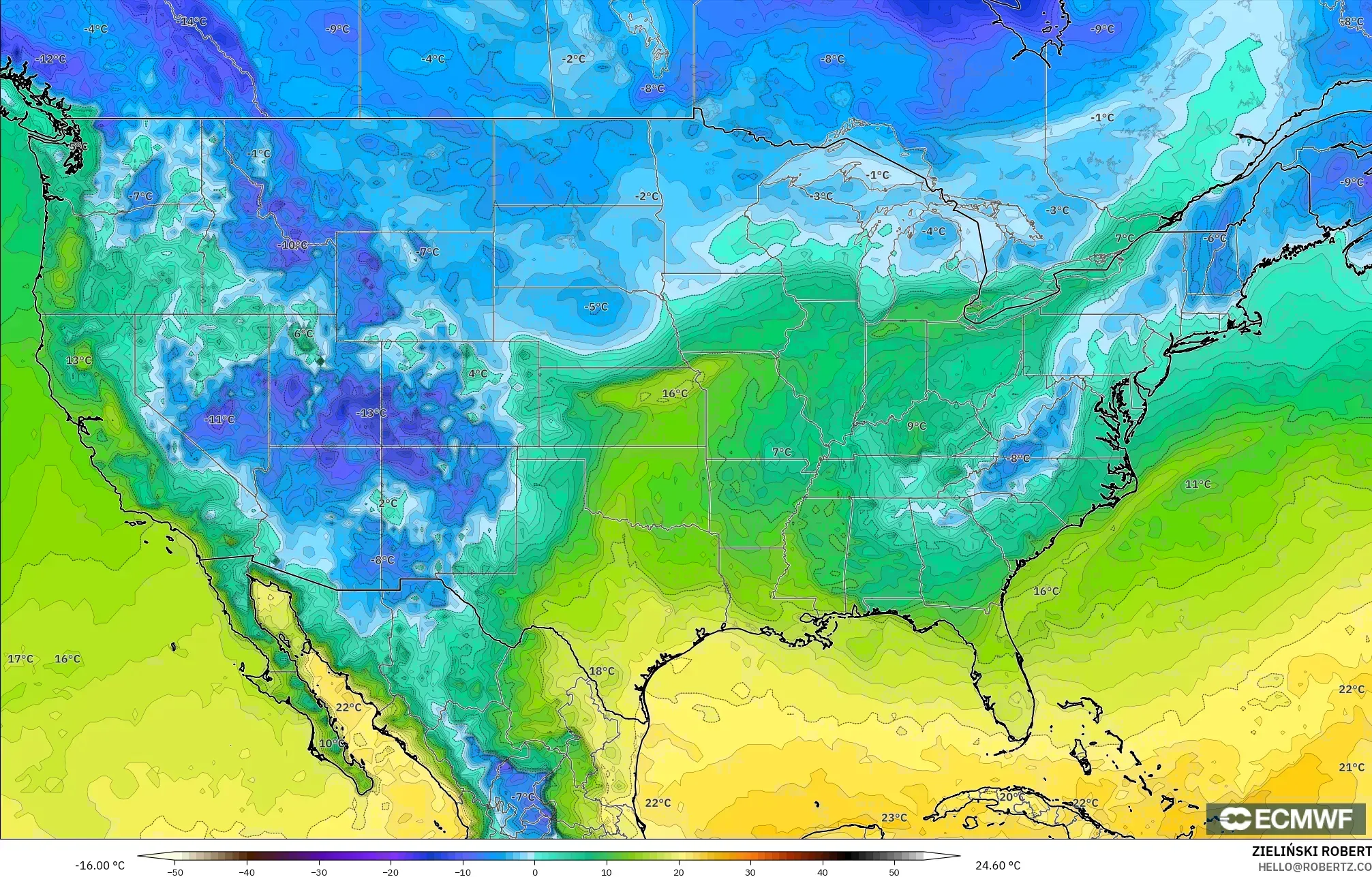 ECMWF IFS 0.25° model - United States, Dewpoint at 2m